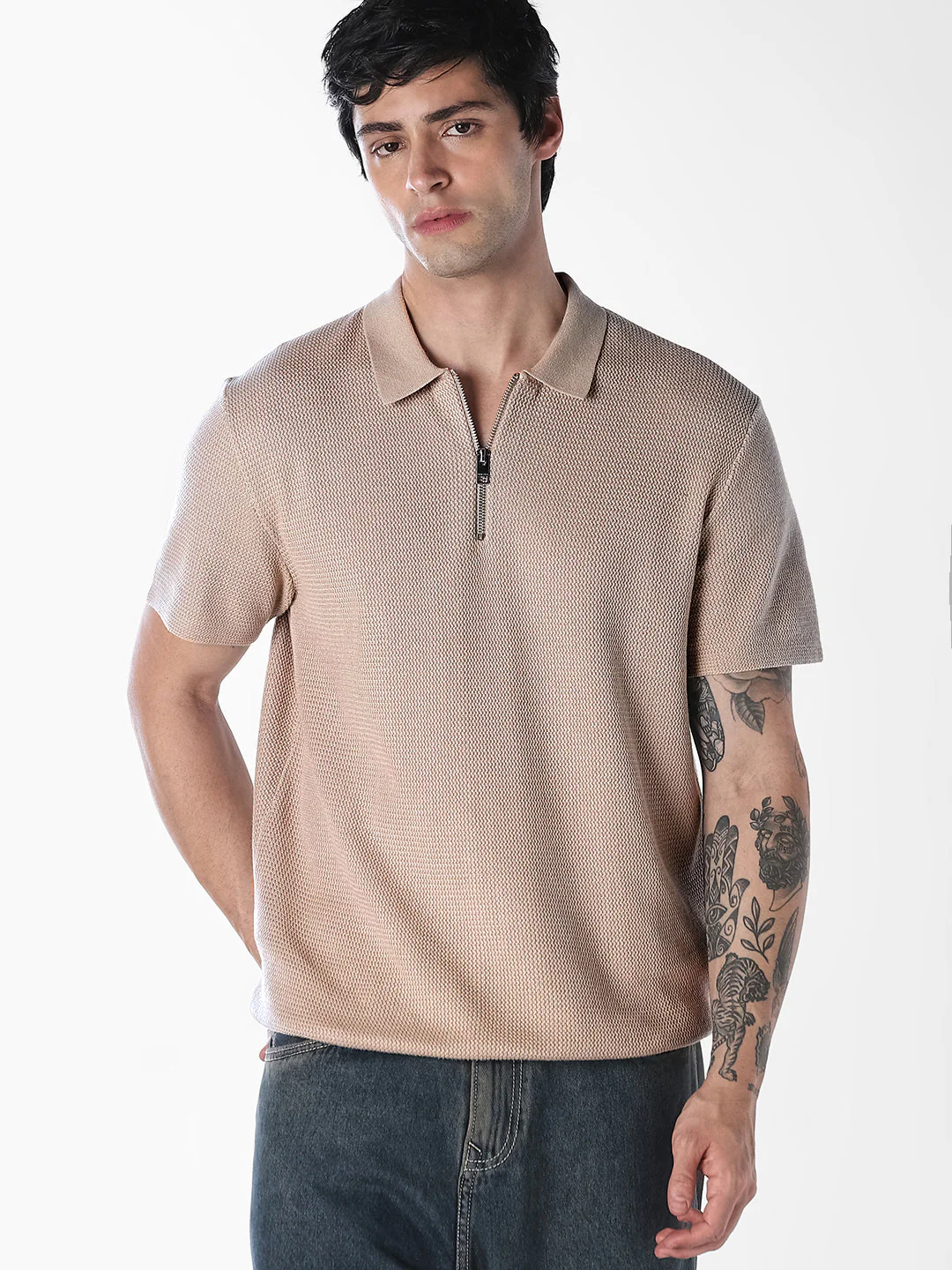 Beige Short Sleeved Textured Knit Polo