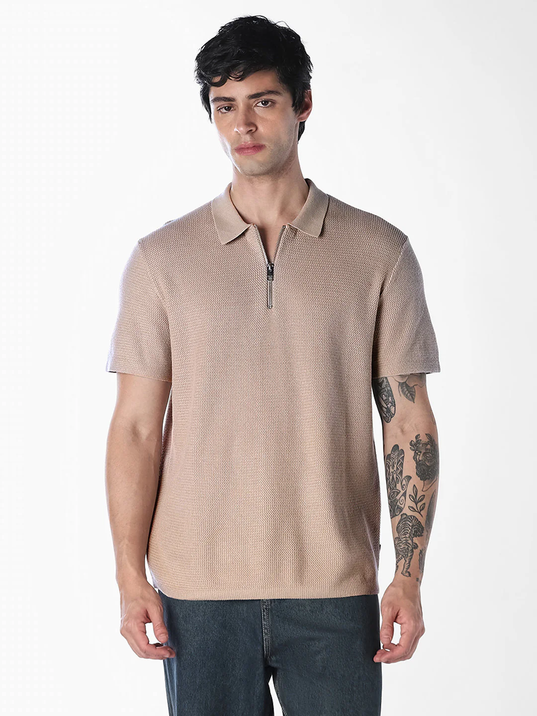Beige Short Sleeved Textured Knit Polo - Image 2