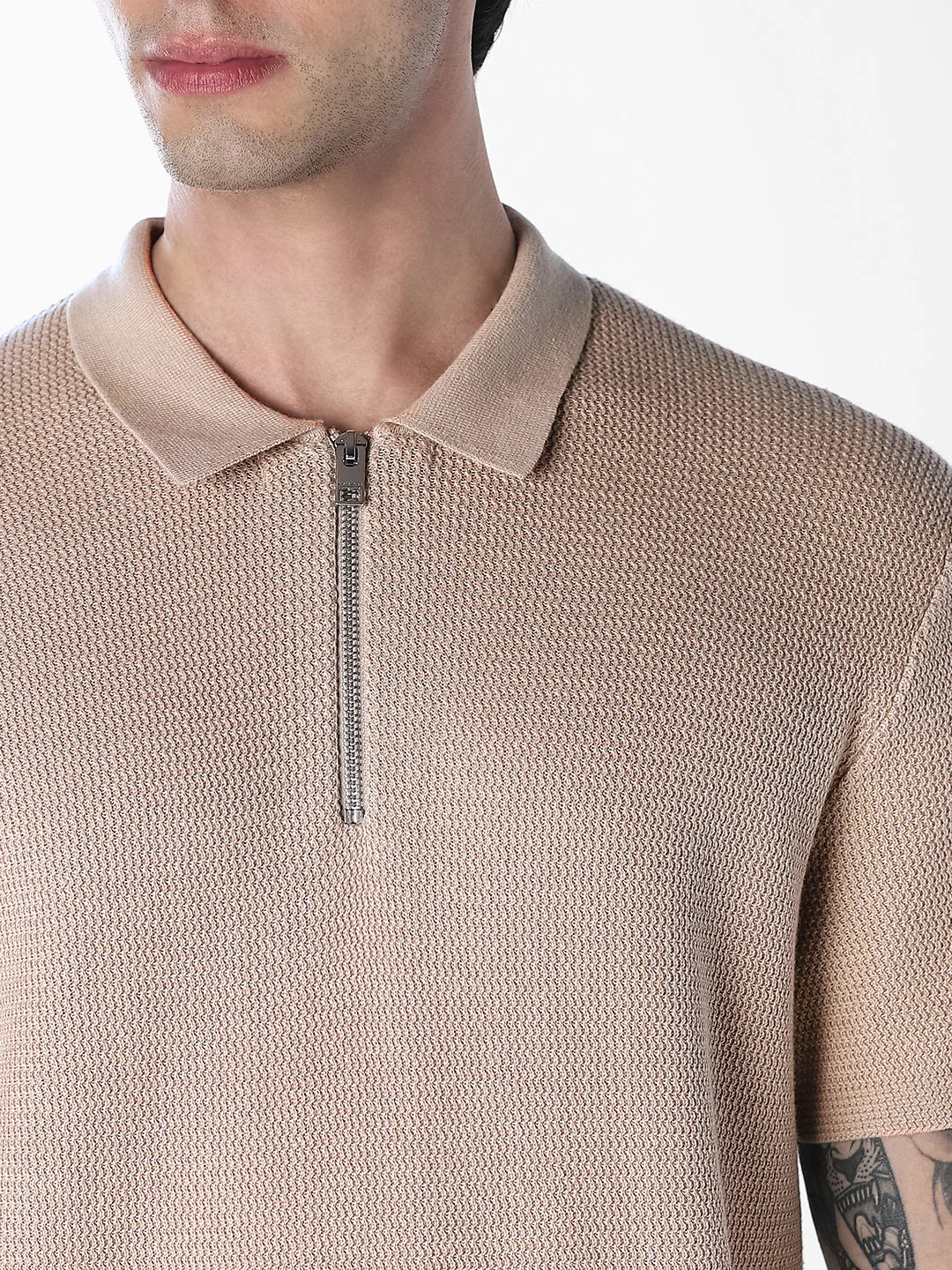 Beige Short Sleeved Textured Knit Polo - Image 5