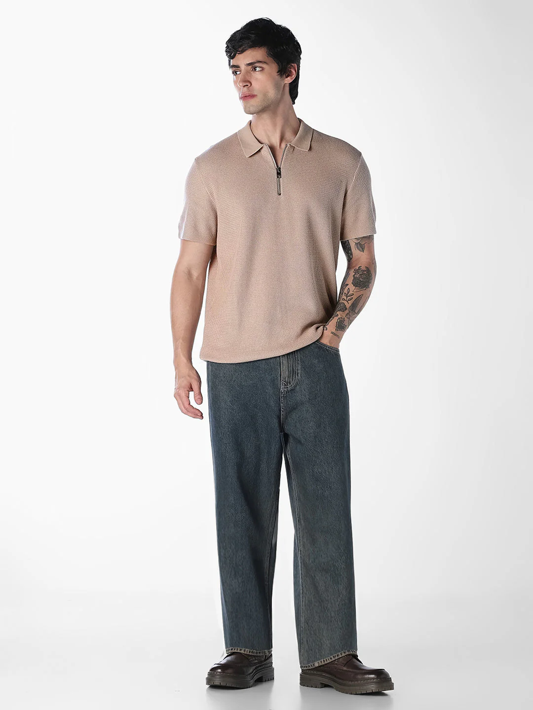 Beige Short Sleeved Textured Knit Polo - Image 6