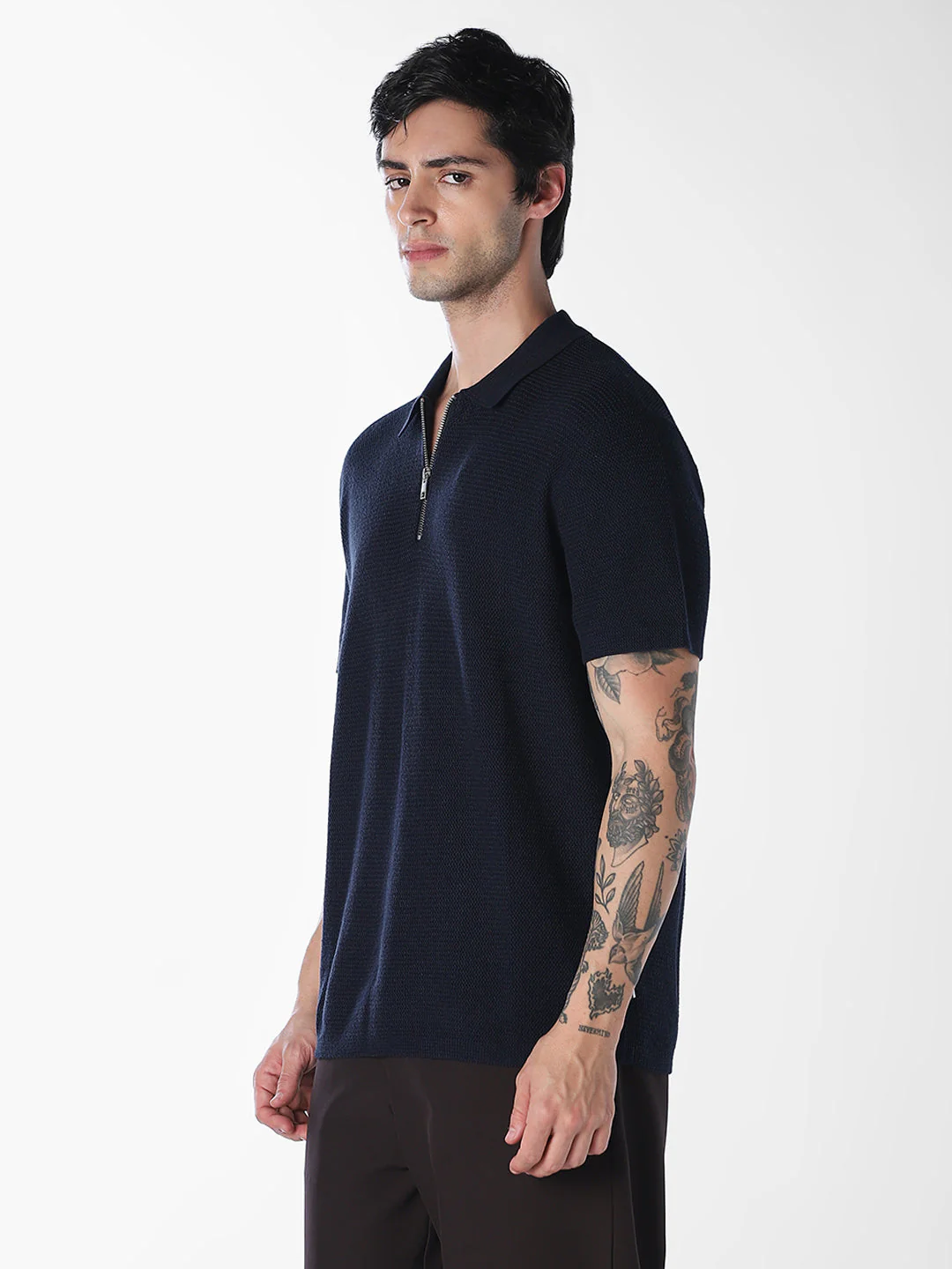 Navy Blue Short Sleeved Textured Knit Polo - Image 3