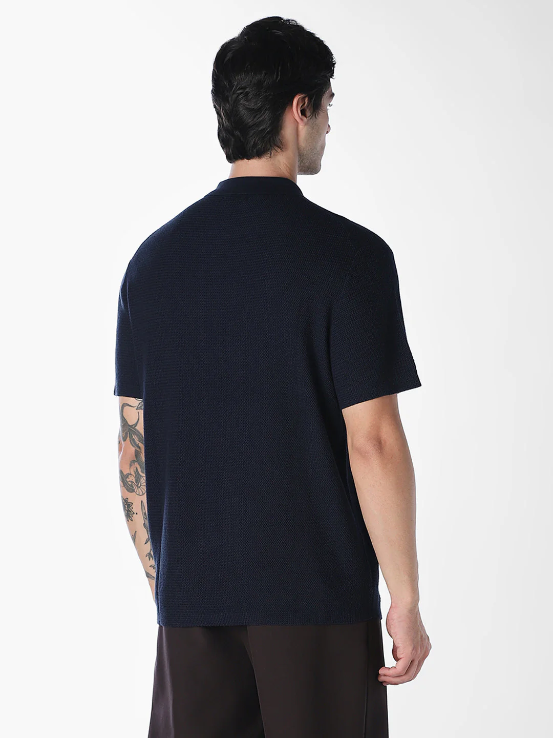 Navy Blue Short Sleeved Textured Knit Polo - Image 4