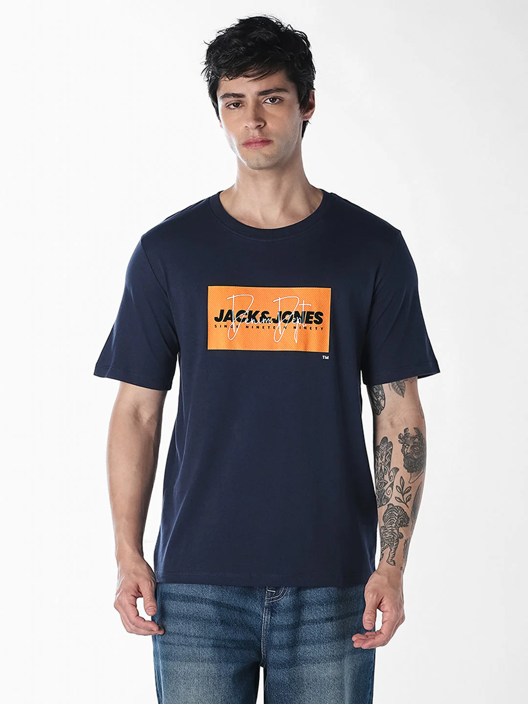 Navy Blue Logo Print Cotton T-shirt - Image 2