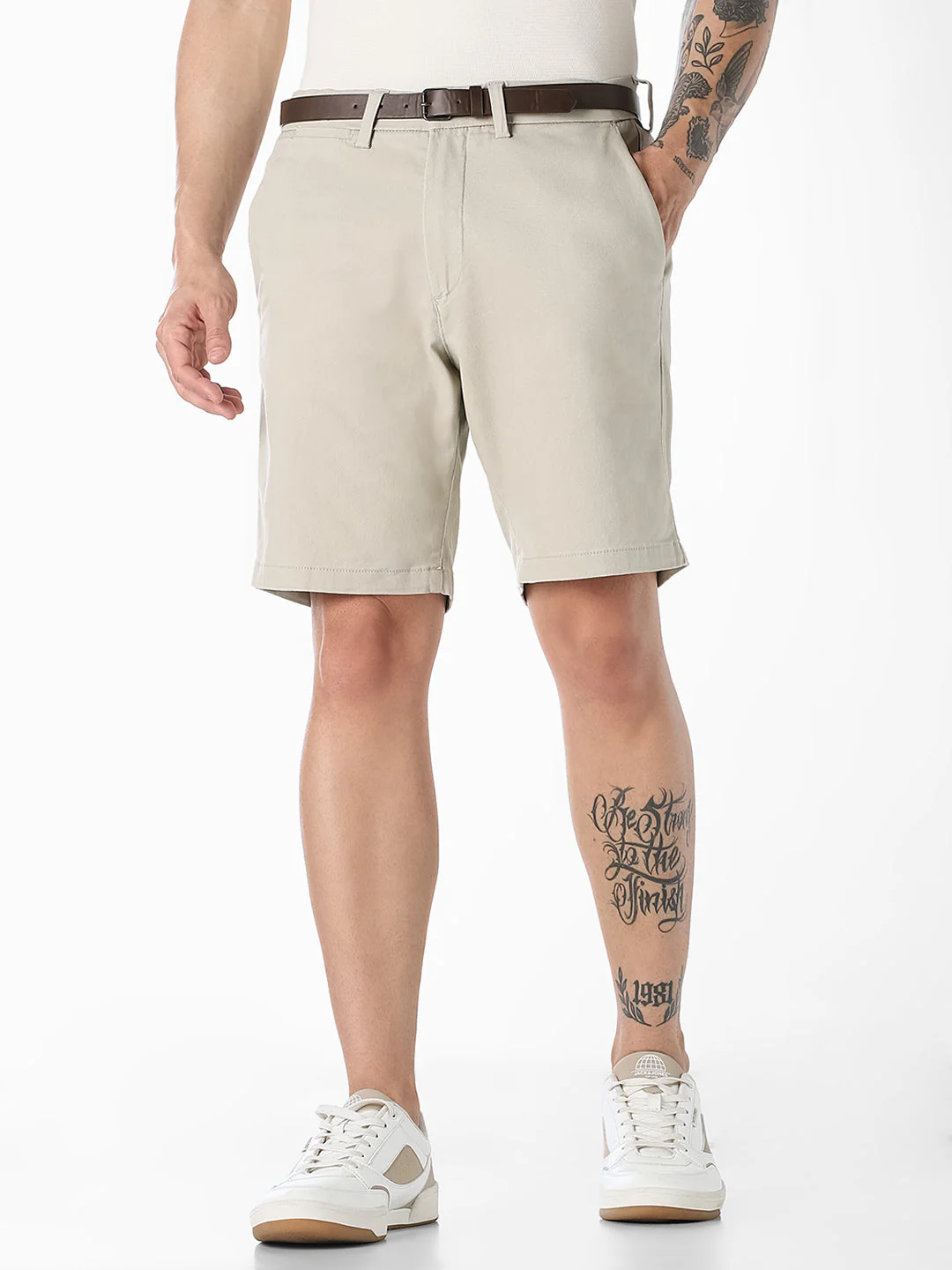 Beige Belted Chino Shorts