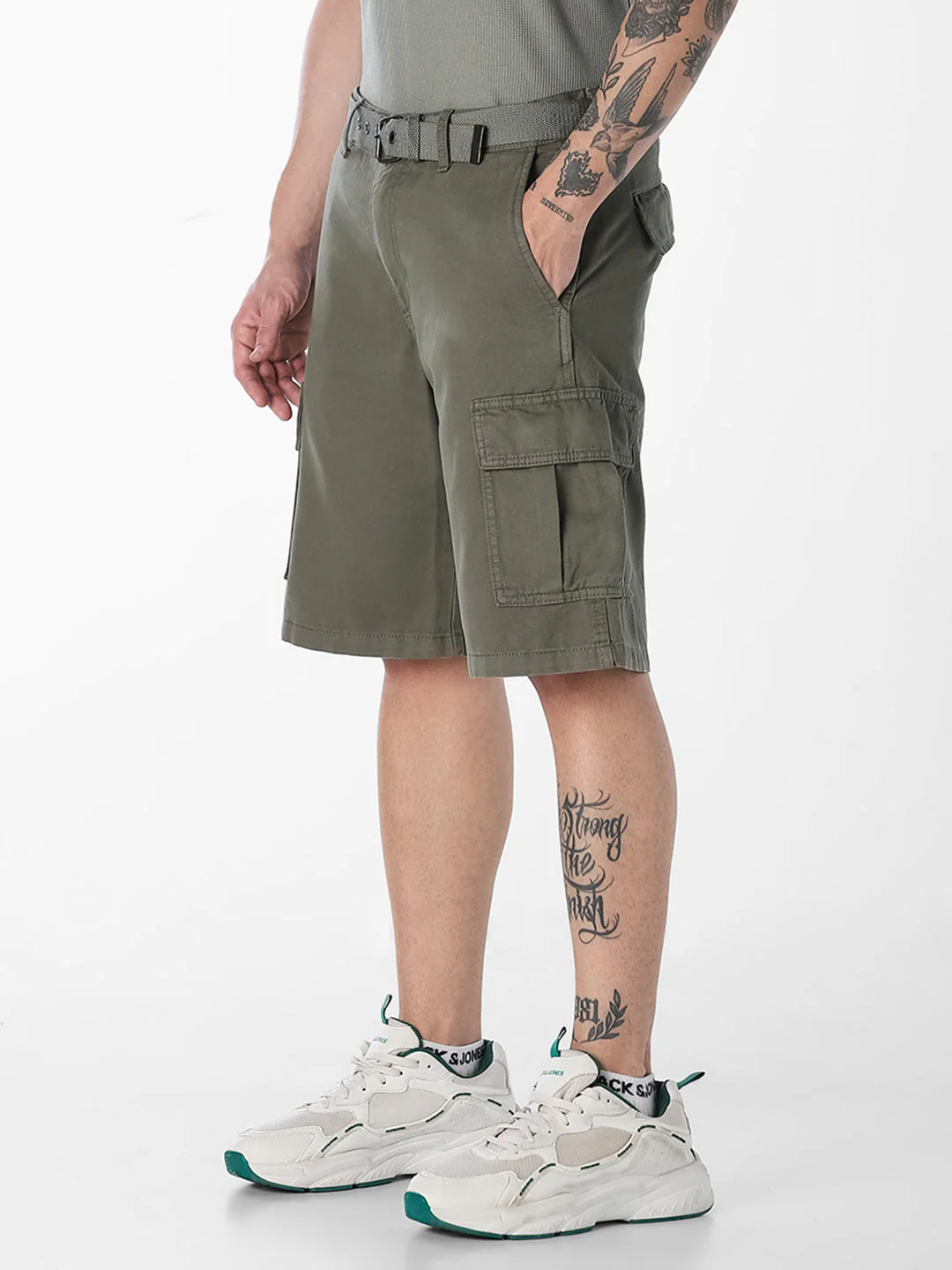 Olive Belted Cotton Cargo Shorts - Image 2
