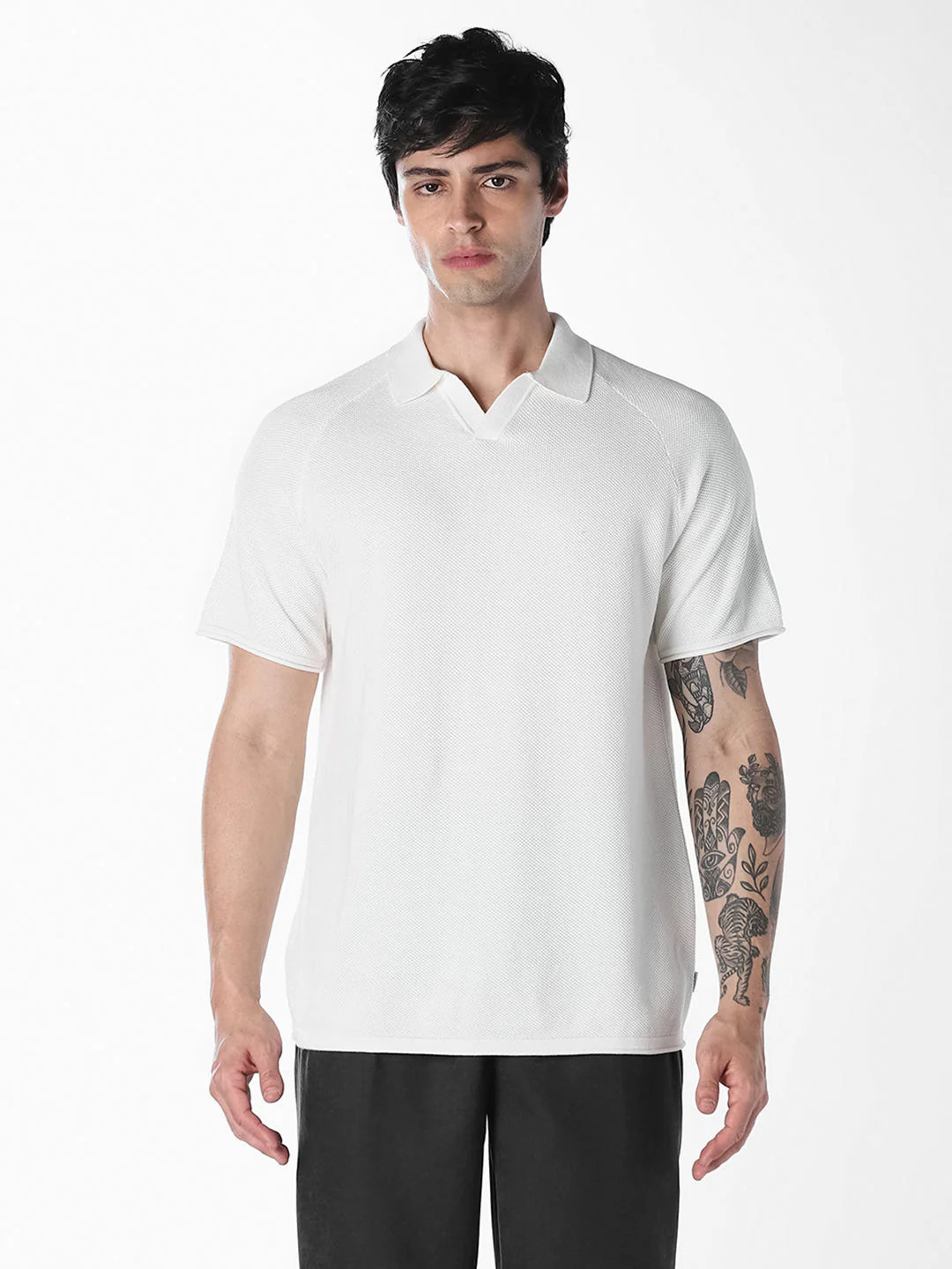 White Split Neck Knitted Polo - Image 2