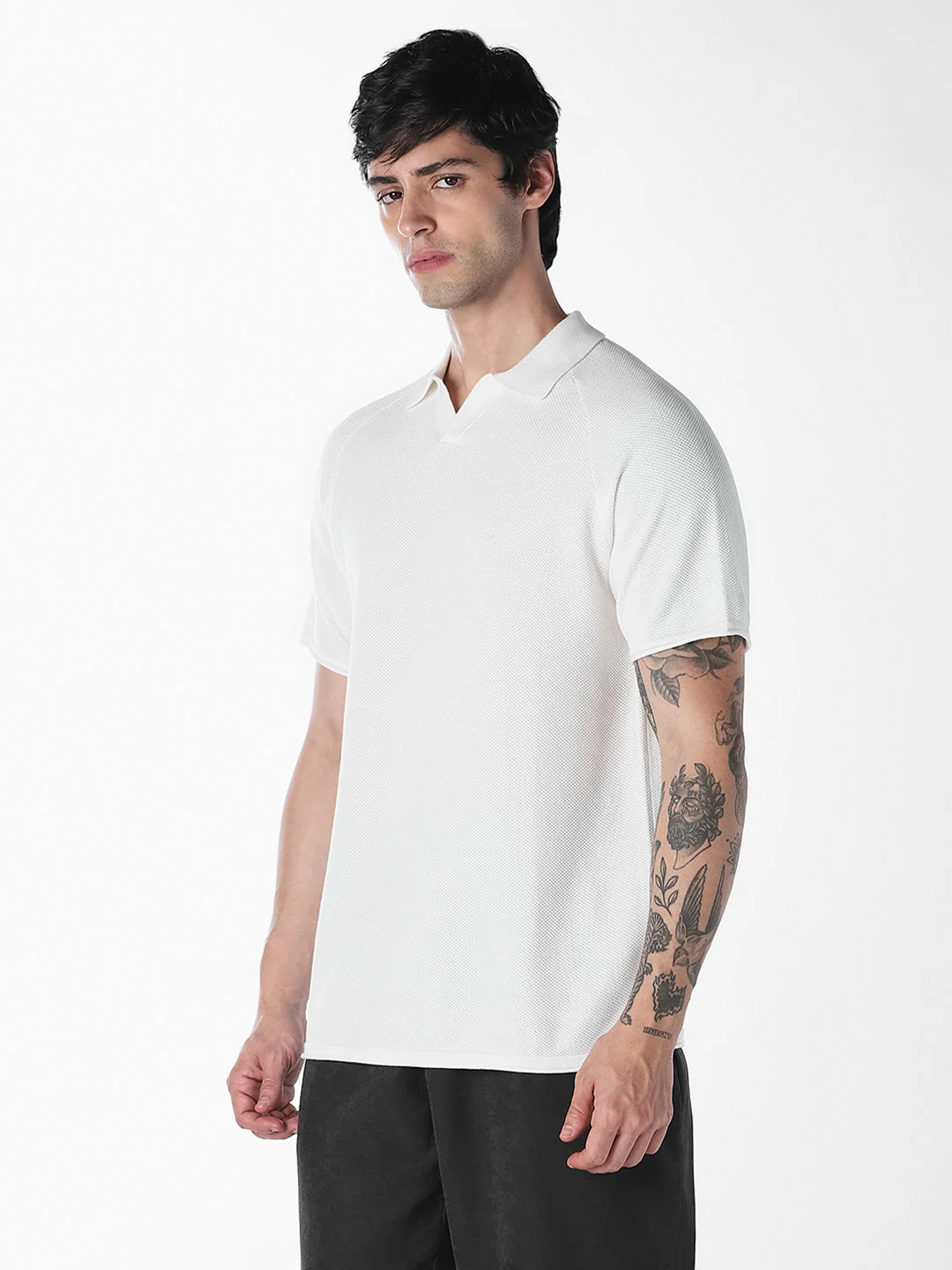 White Split Neck Knitted Polo - Image 3