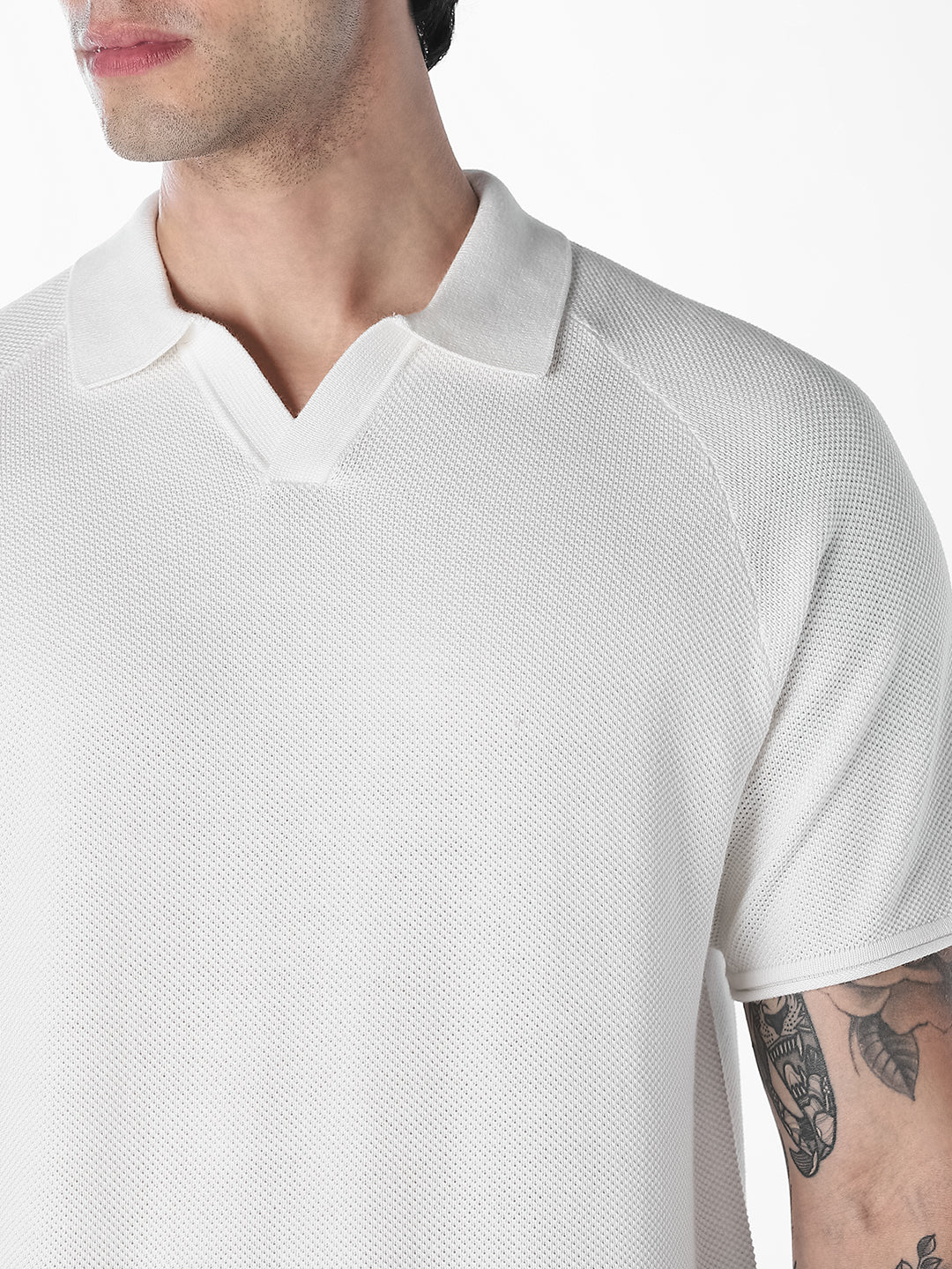 White Split Neck Knitted Polo - Image 5