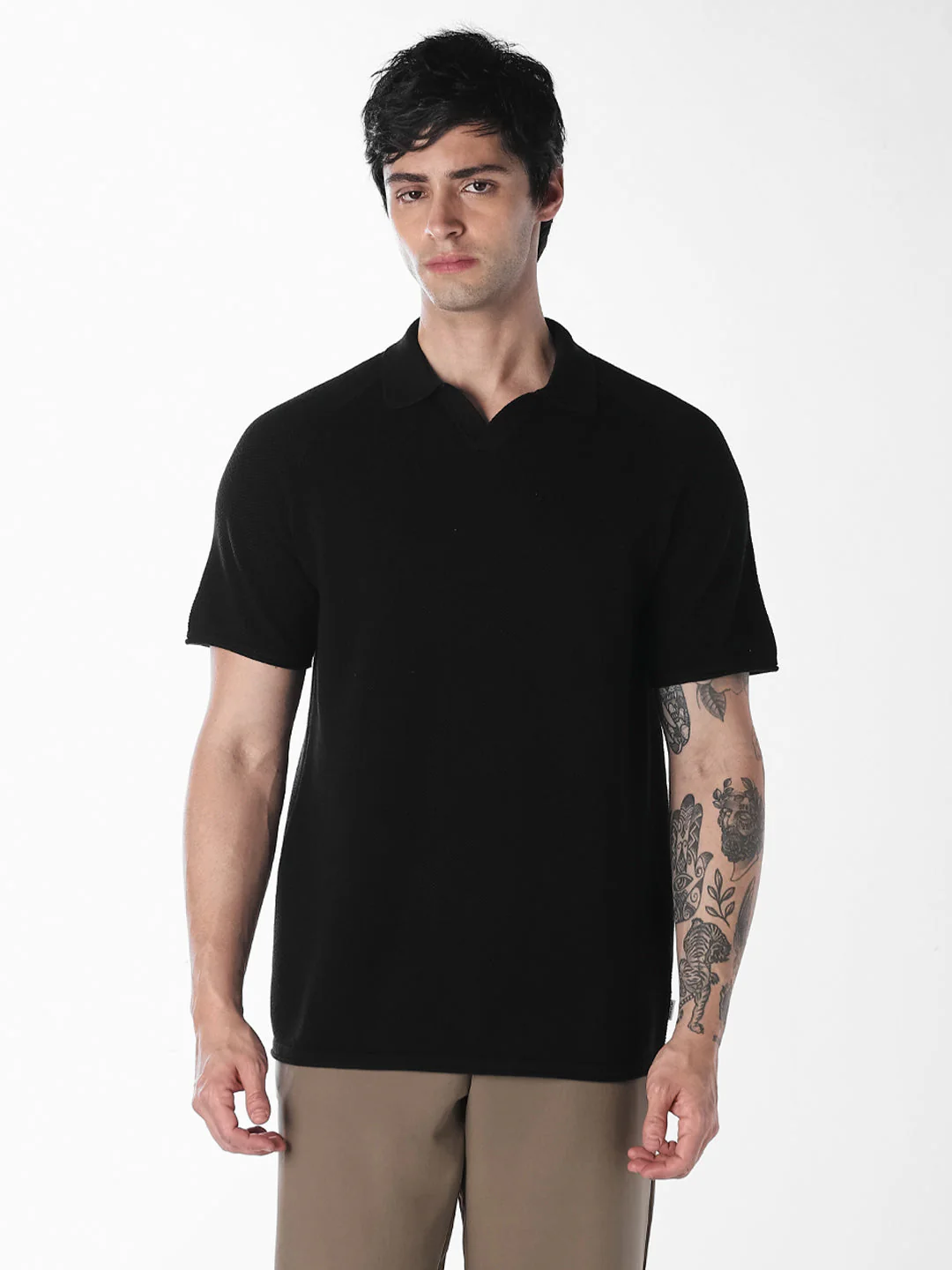 Black Split Neck Knitted Polo - Image 2