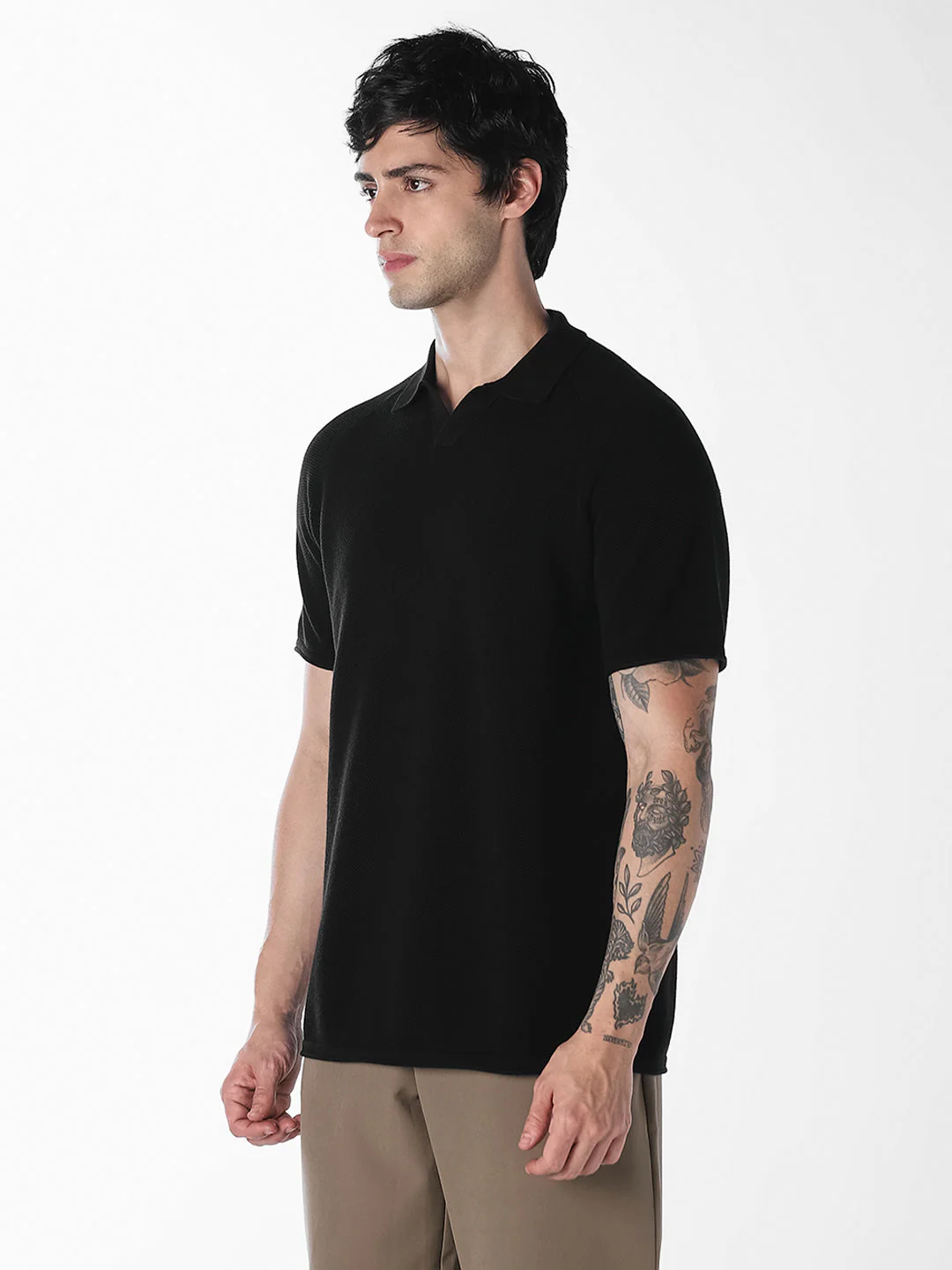 Black Split Neck Knitted Polo - Image 3