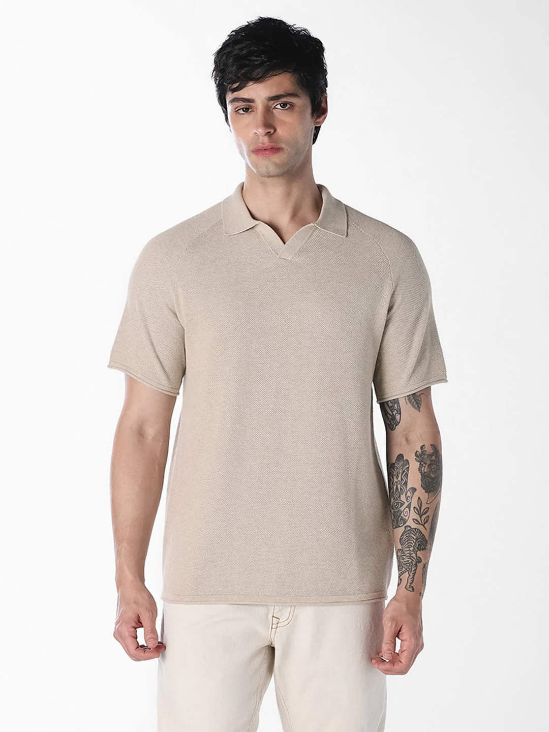 Beige Split Neck Knitted Polo - Image 2