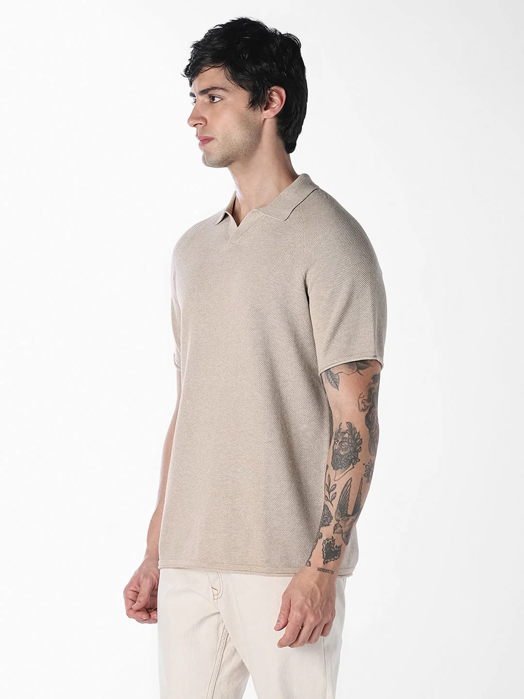 Beige Split Neck Knitted Polo - Image 3