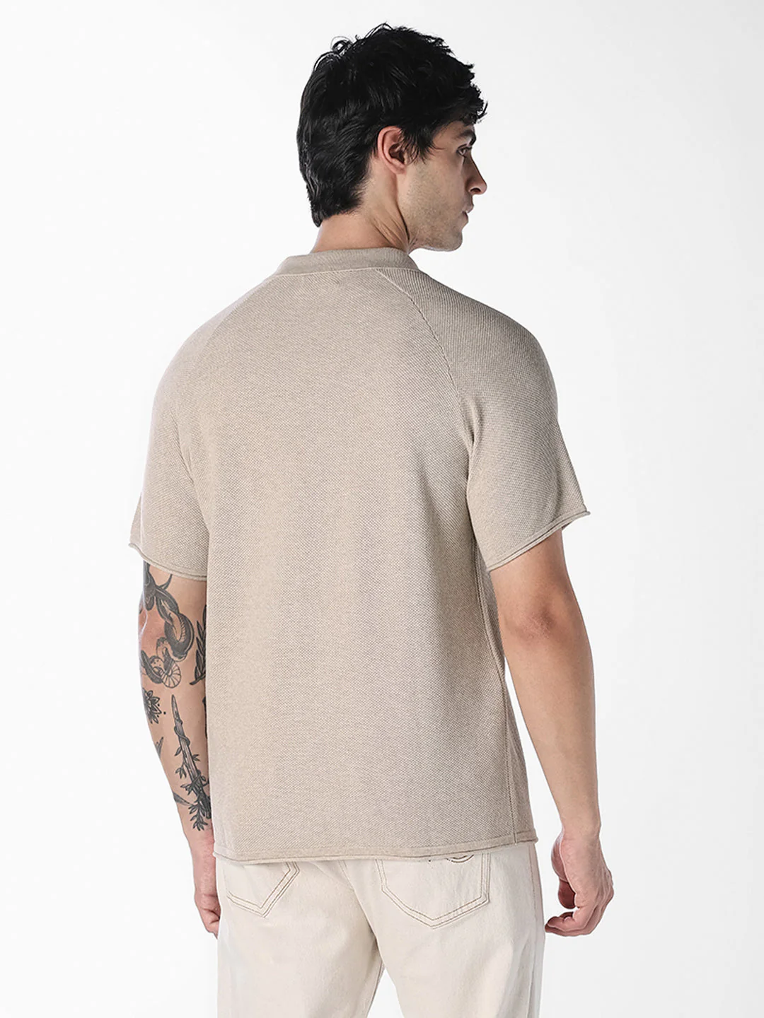 Beige Split Neck Knitted Polo - Image 4