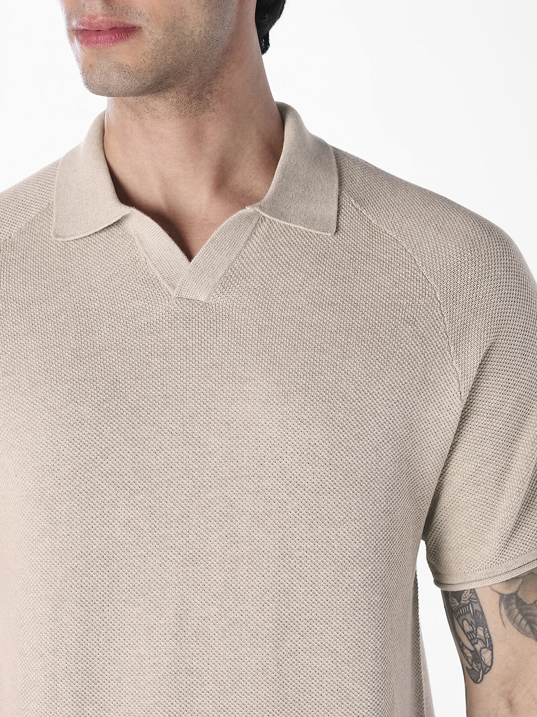 Beige Split Neck Knitted Polo - Image 5