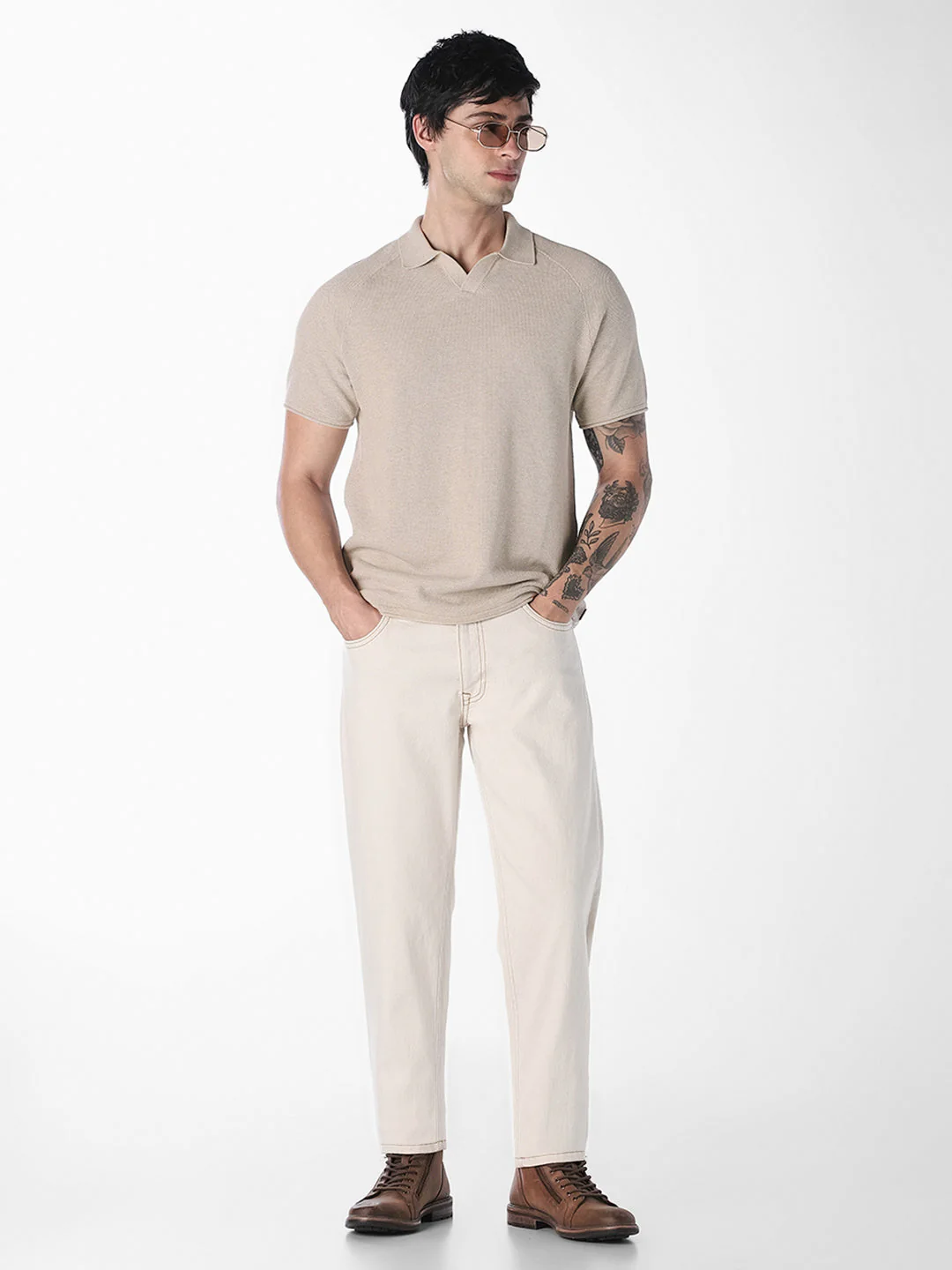 Beige Split Neck Knitted Polo - Image 6