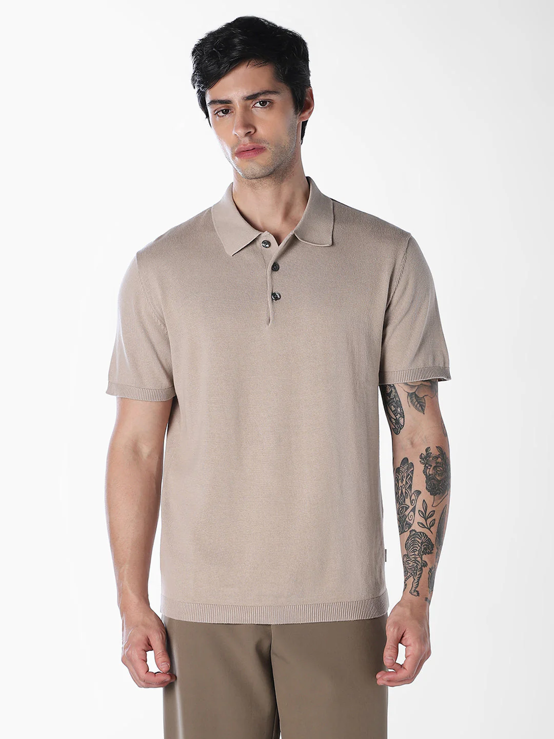 Beige Knitted Cotton Polo - Image 2