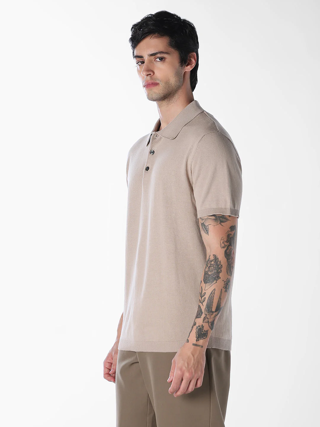 Beige Knitted Cotton Polo - Image 3