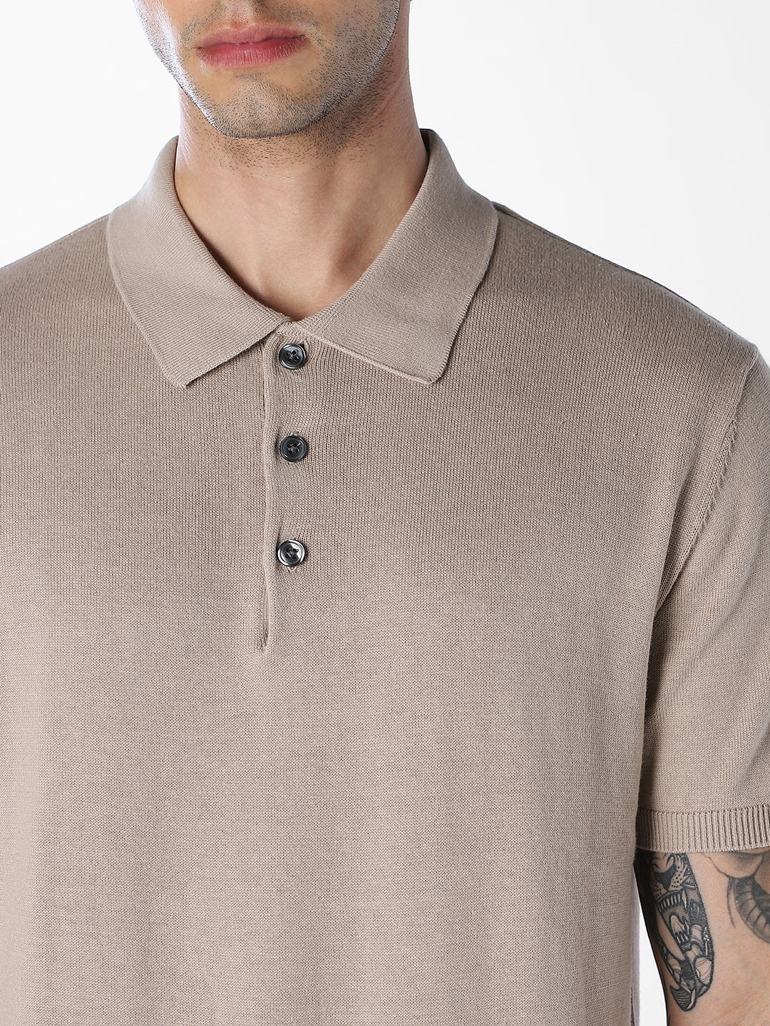 Beige Knitted Cotton Polo - Image 5