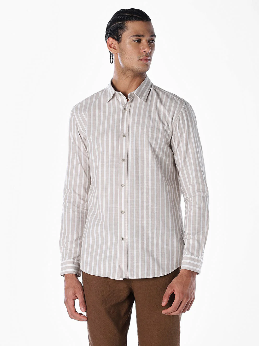 Striped Cotton Slub Shirt - Brown - Image 2