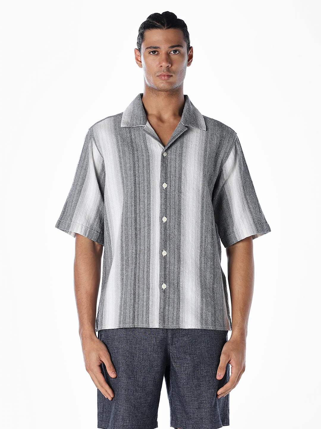 Striped Dobby Resort Collar Shirt - Black - Image 2