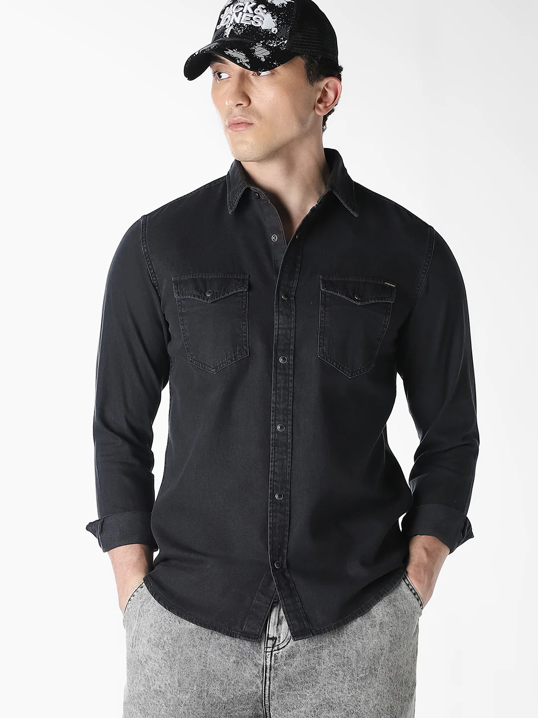Men's Black Organic Cotton Denim Shirt - Regular Fit