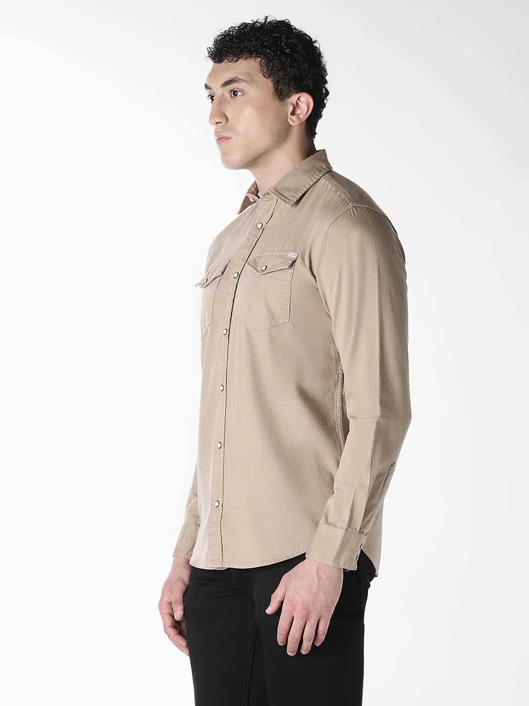 Men's Beige Organic Cotton Denim Shirt - Regular Fit - Image 3