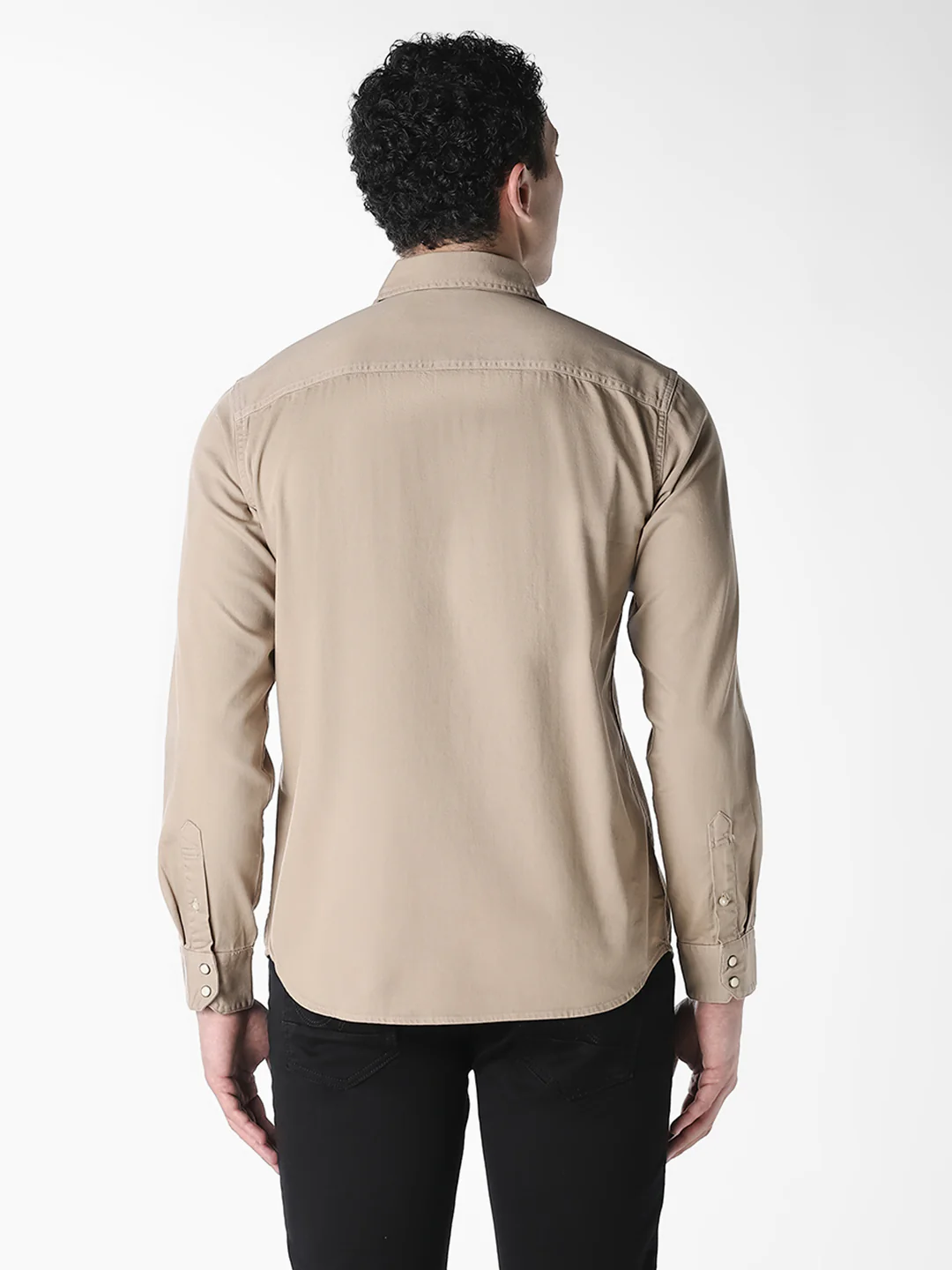 Men's Beige Organic Cotton Denim Shirt - Regular Fit - Image 4