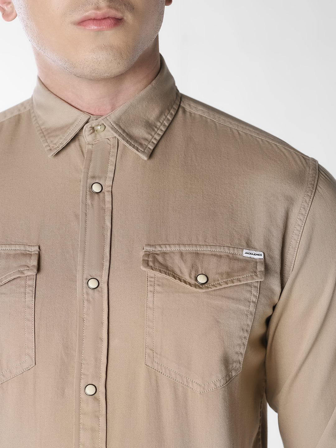 Men's Beige Organic Cotton Denim Shirt - Regular Fit - Image 5