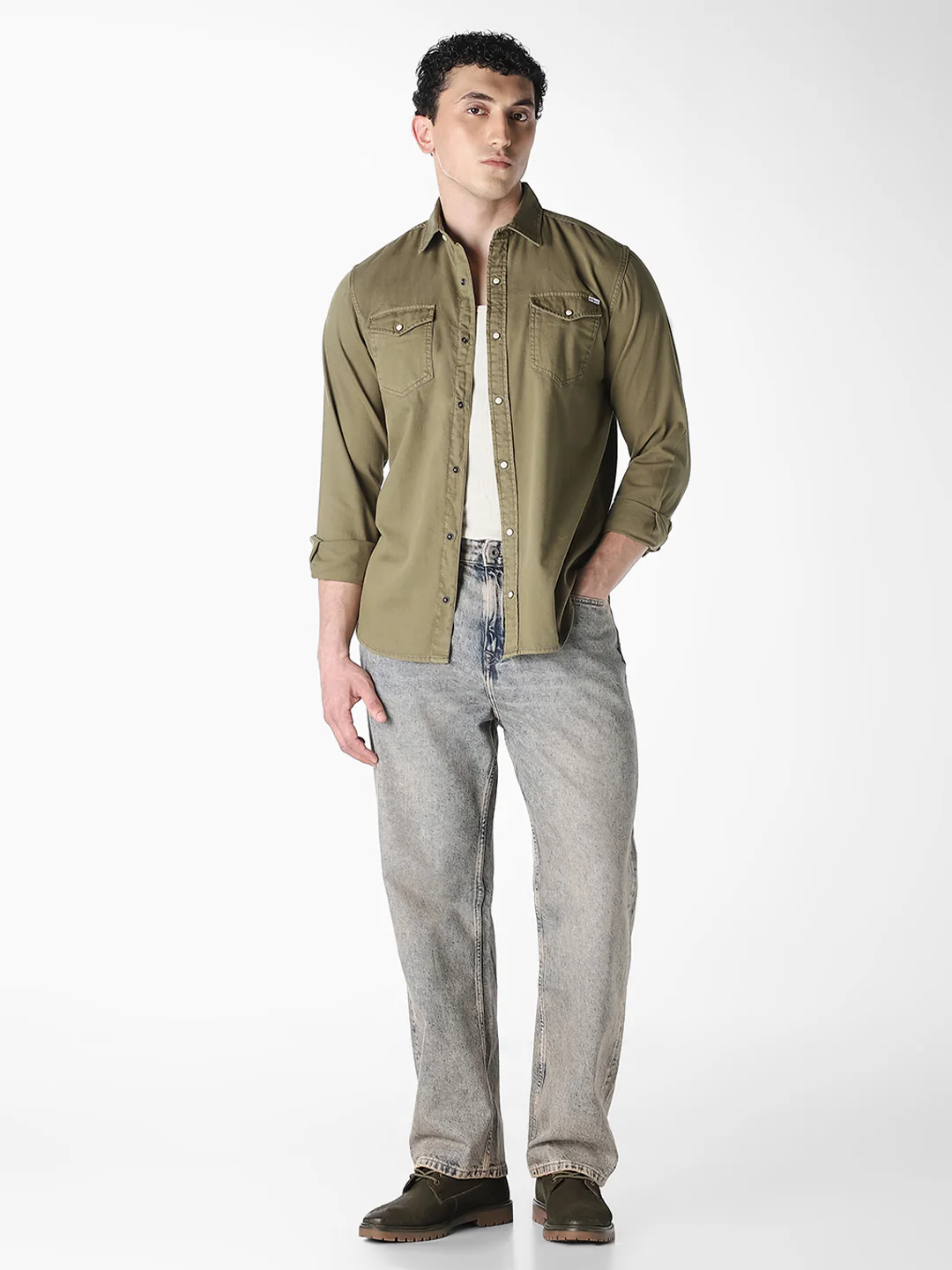 Men's Organic Cotton Denim Shirt In Forest Night With Flap Pockets - Image 6