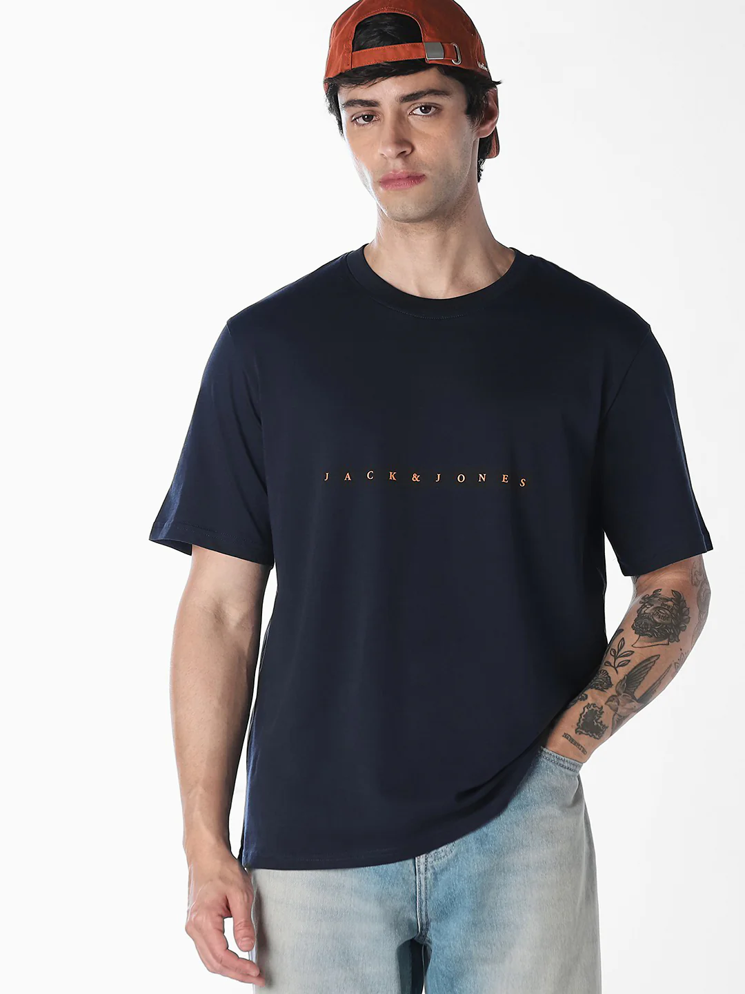 Men's Navy Blue Cotton Boxy Fit Crew Neck Logo Print T-Shirt