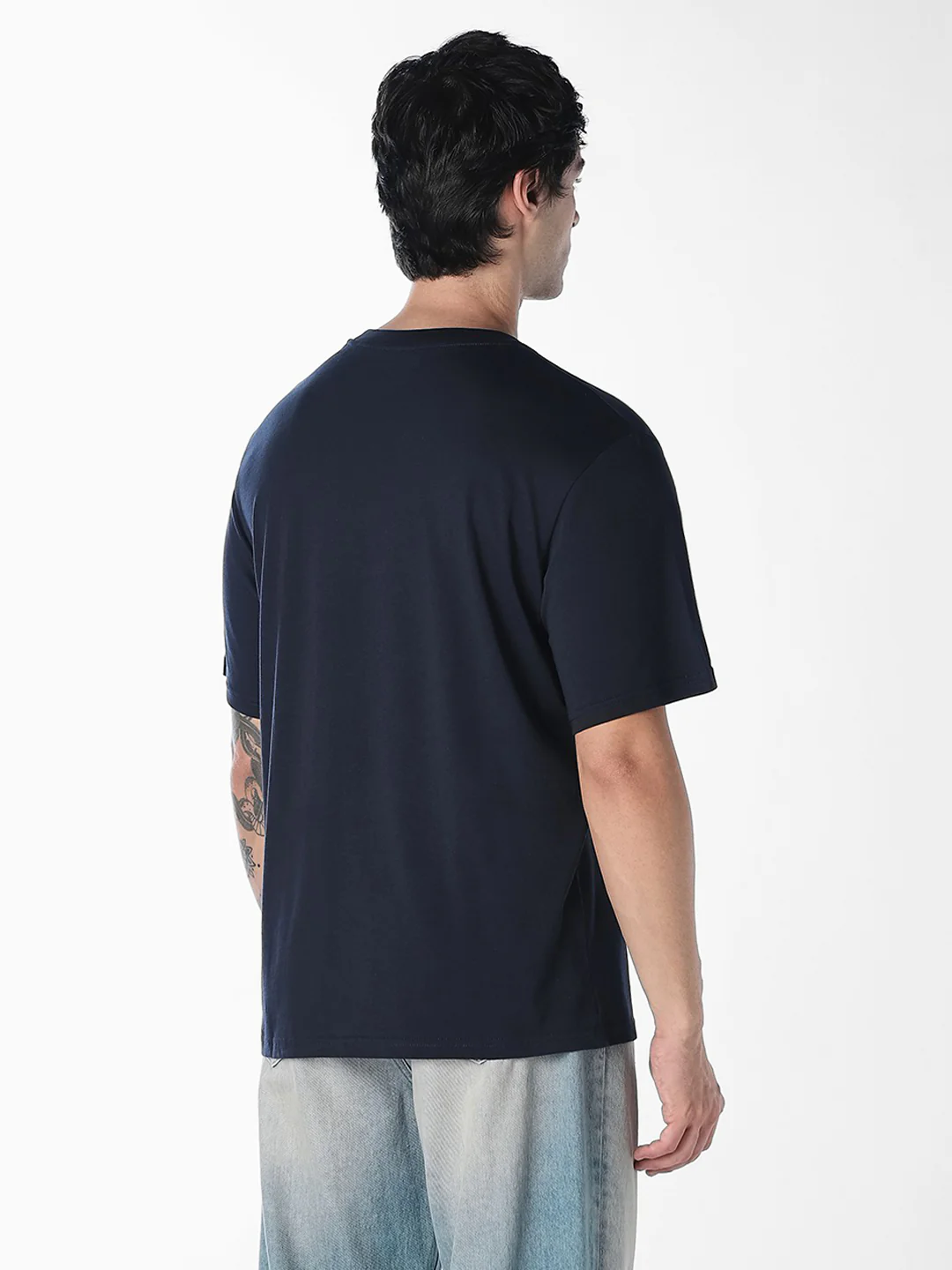 Men's Navy Blue Cotton Boxy Fit Crew Neck Logo Print T-Shirt - Image 4