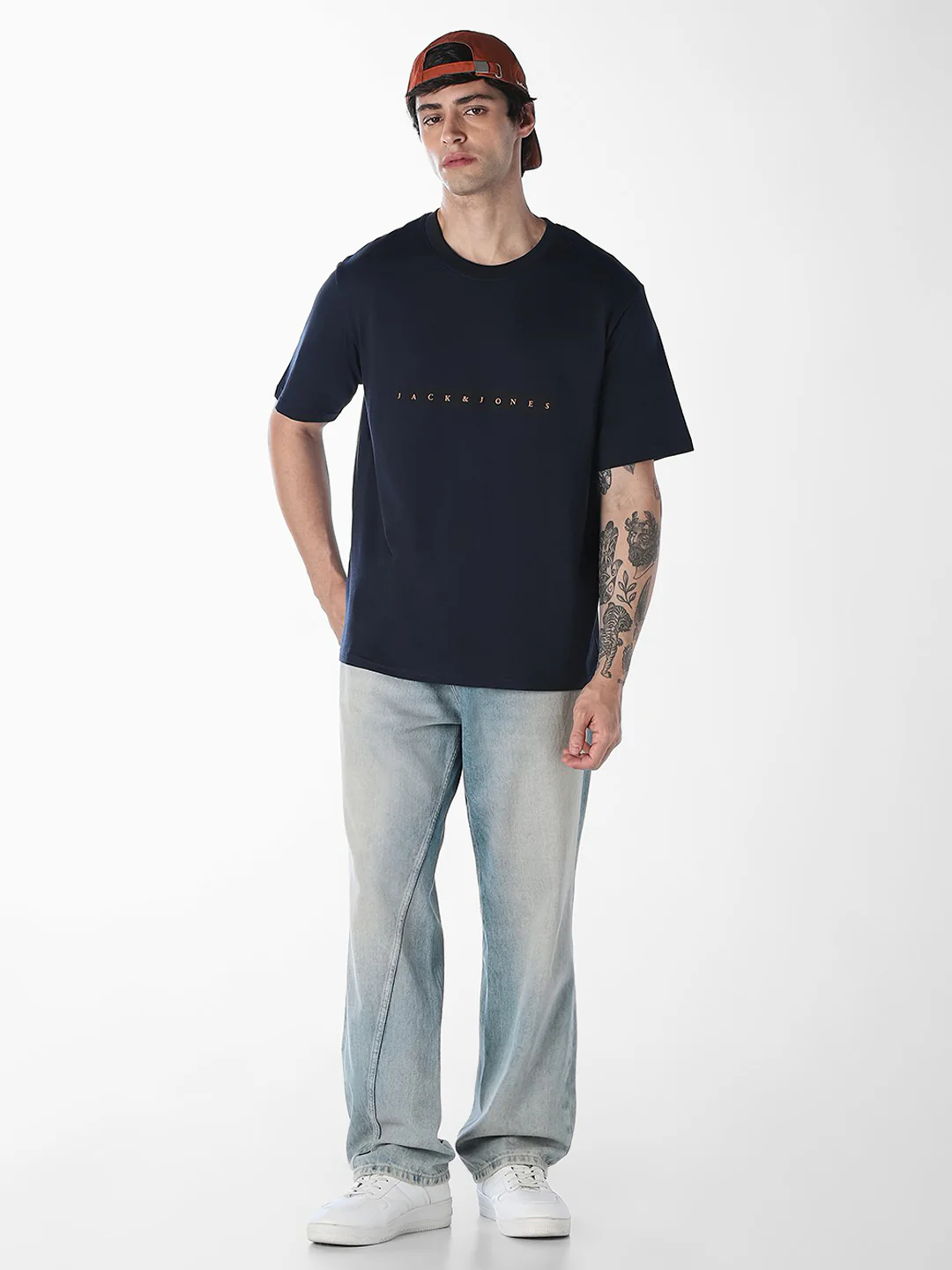 Men's Navy Blue Cotton Boxy Fit Crew Neck Logo Print T-Shirt - Image 6