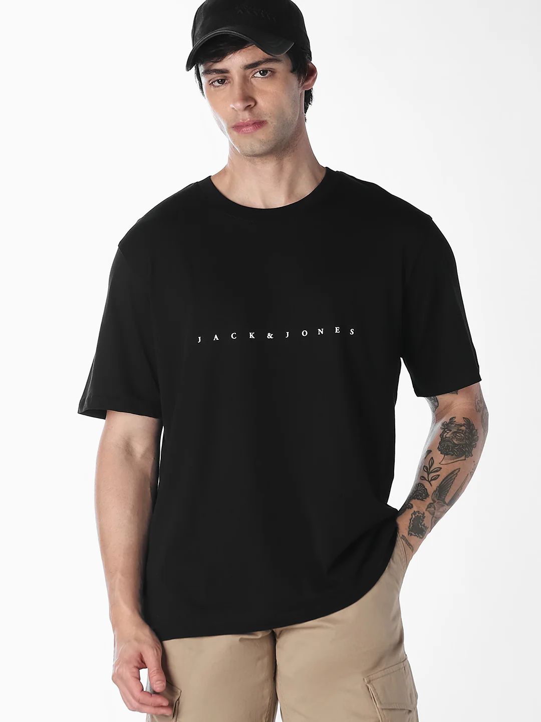 Men's Black Boxy Fit Crew Neck Logo Print T-Shirt