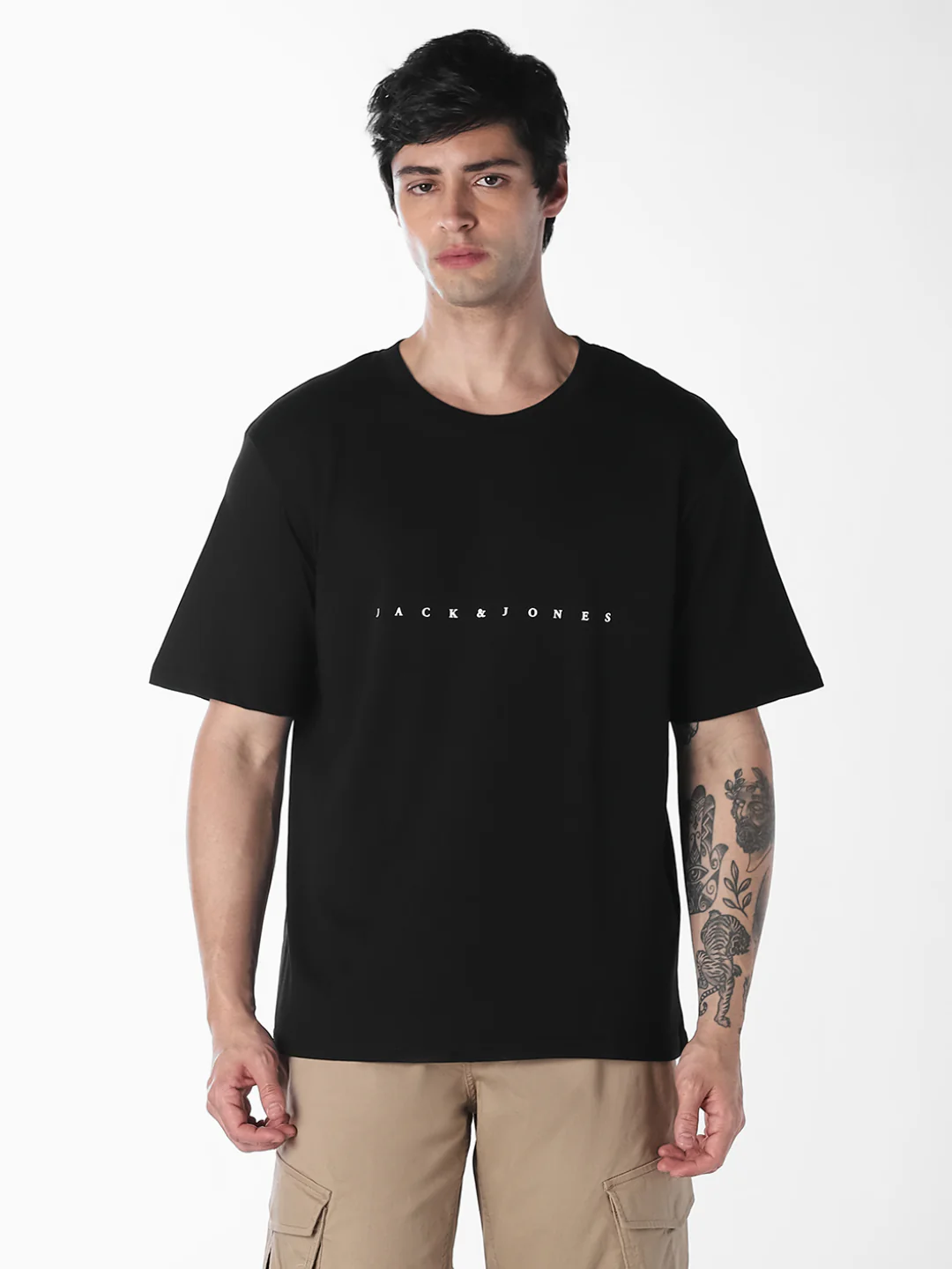 Men's Black Boxy Fit Crew Neck Logo Print T-Shirt - Image 2