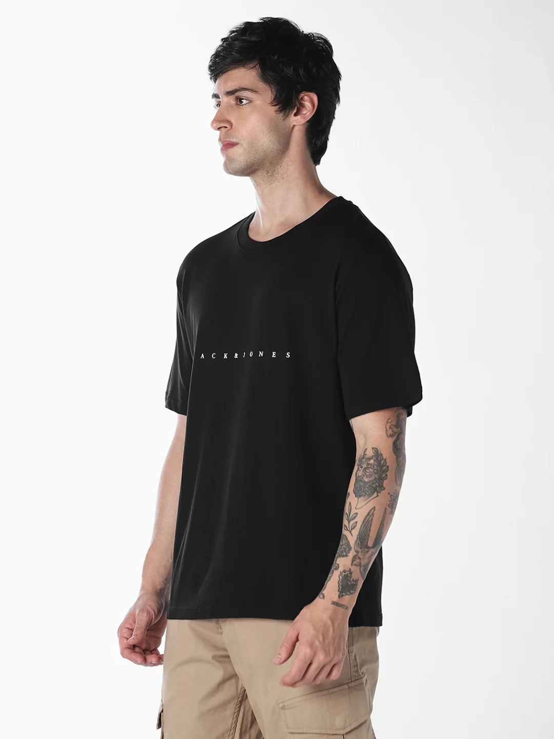 Men's Black Boxy Fit Crew Neck Logo Print T-Shirt - Image 3