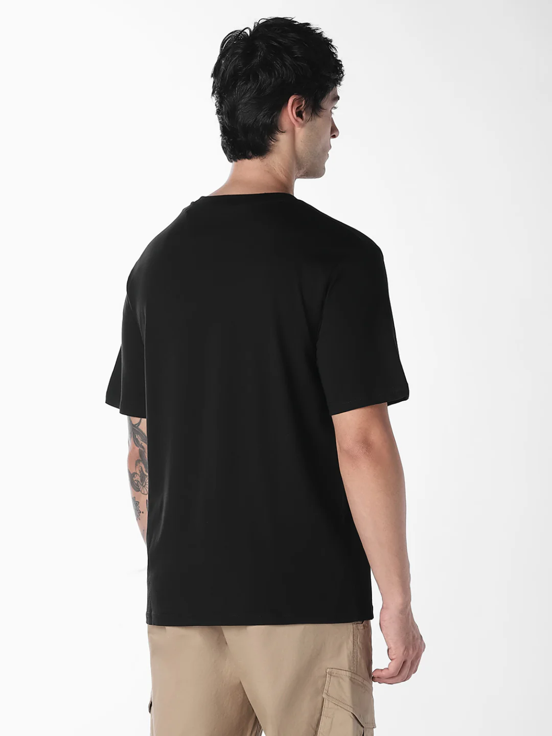 Men's Black Boxy Fit Crew Neck Logo Print T-Shirt - Image 4