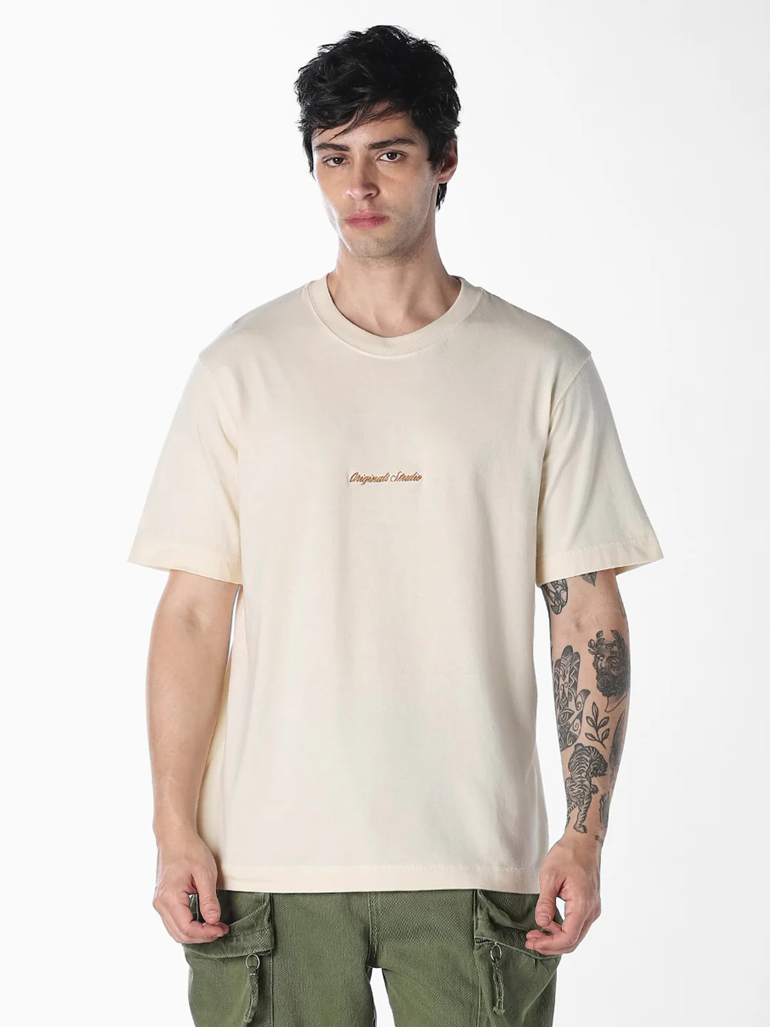 Men's Off White Relaxed Fit Crew Neck Embroidered T-Shirt - Image 2