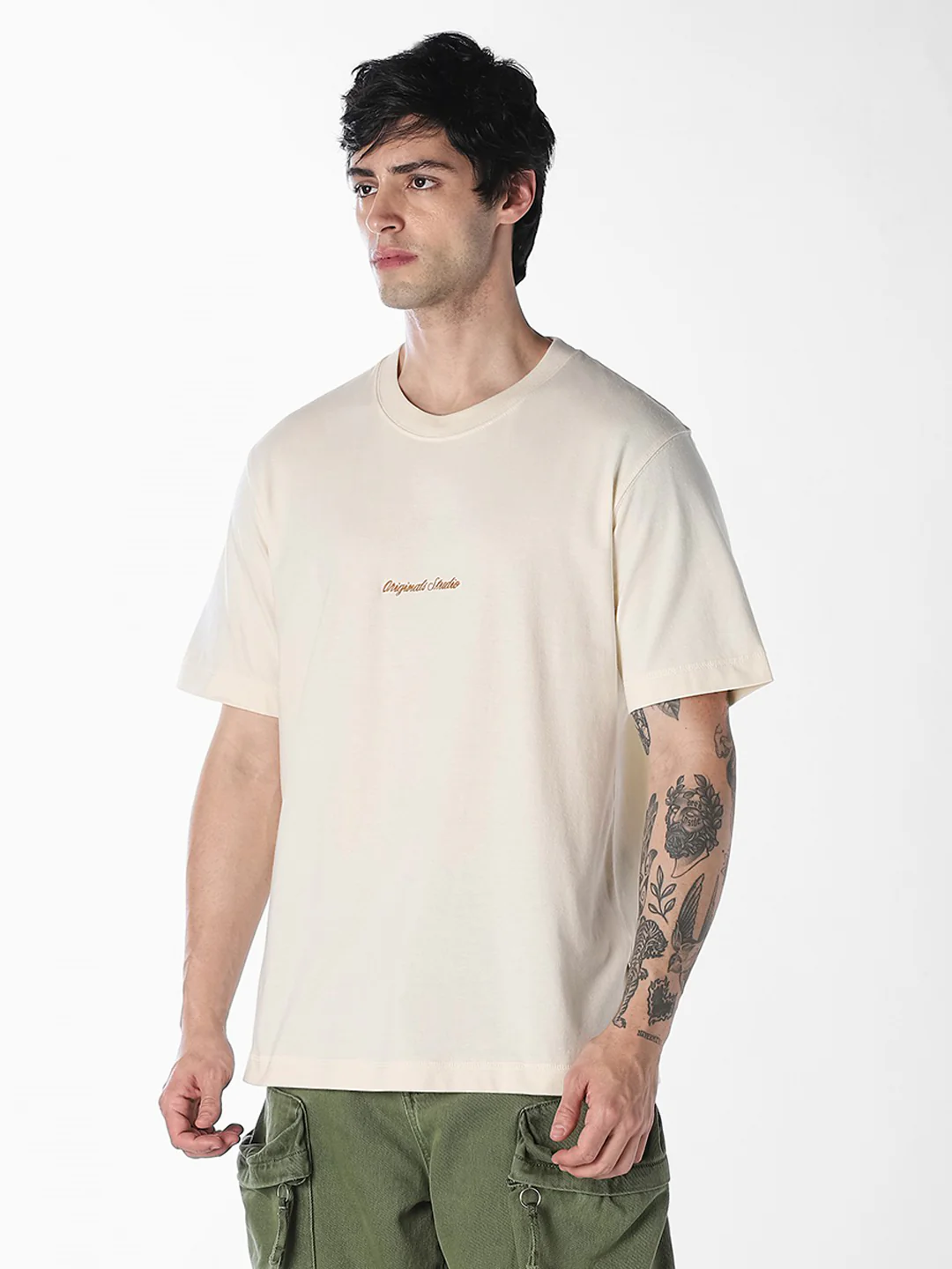 Men's Off White Relaxed Fit Crew Neck Embroidered T-Shirt - Image 3