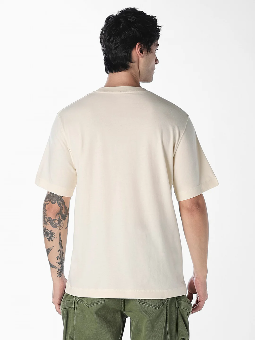 Men's Off White Relaxed Fit Crew Neck Embroidered T-Shirt - Image 4
