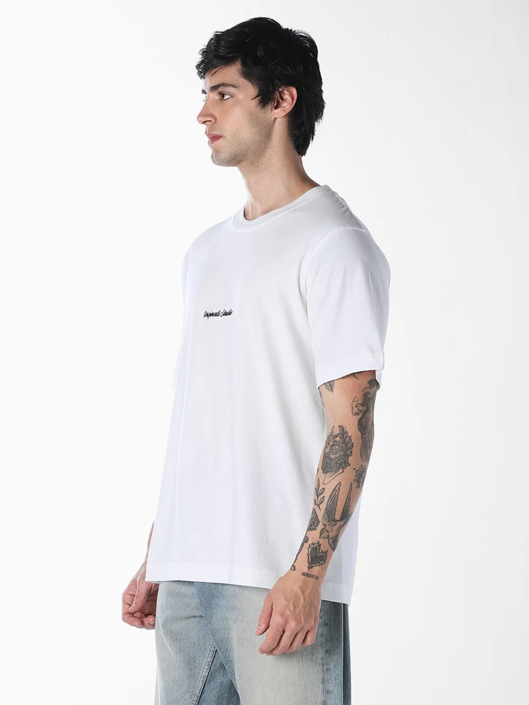 Men's White Relaxed Fit Crew Neck Embroidered T-Shirt - Image 3
