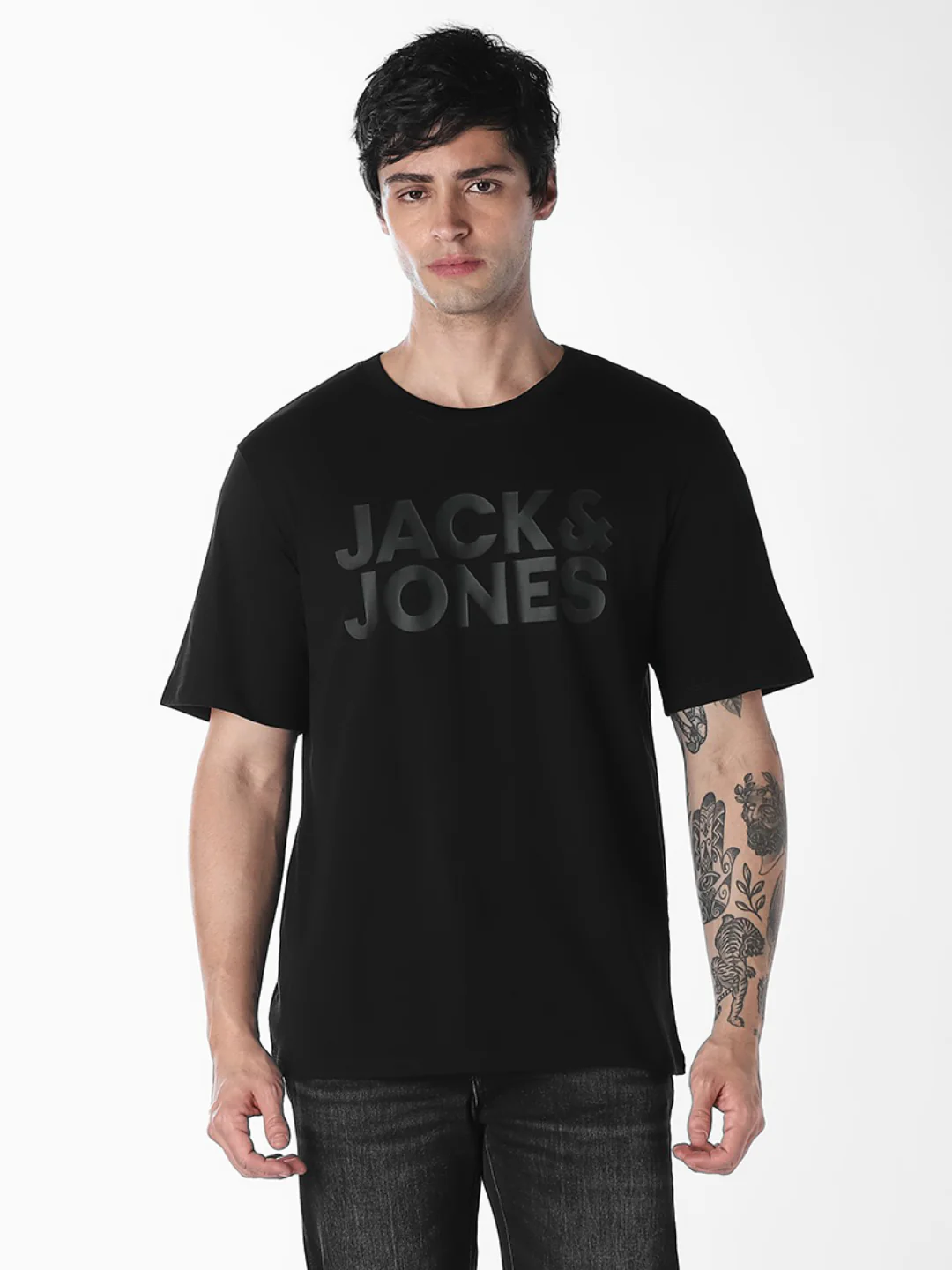 Men's Black Organic Cotton Slim Fit Crew Neck Logo Print T-Shirt - Image 2