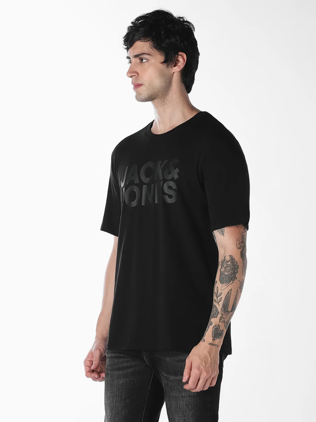 Men's Black Organic Cotton Slim Fit Crew Neck Logo Print T-Shirt - Image 3