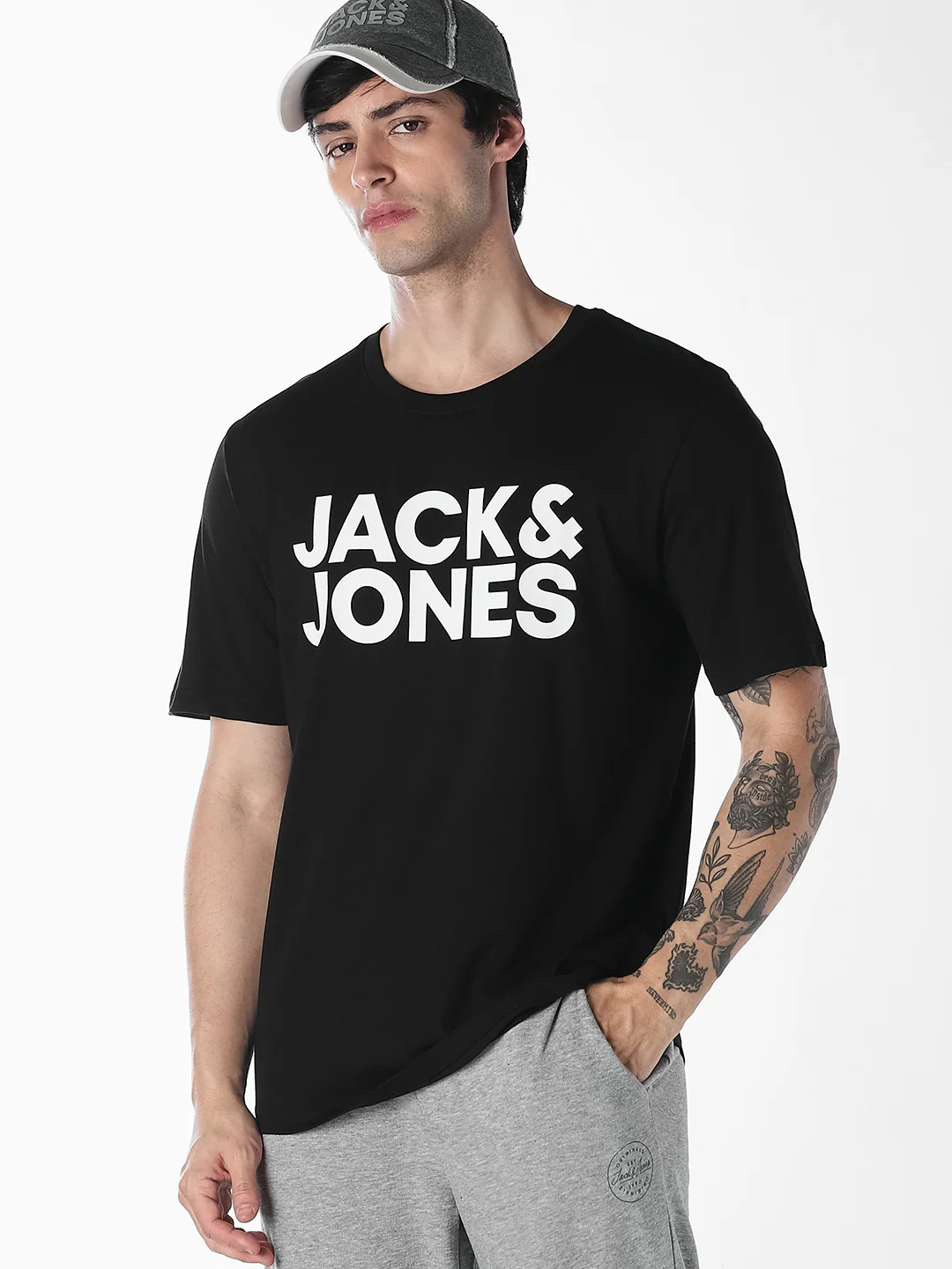Men Organic Cotton Slim Fit Crew Neck Logo Print T-Shirt - Black