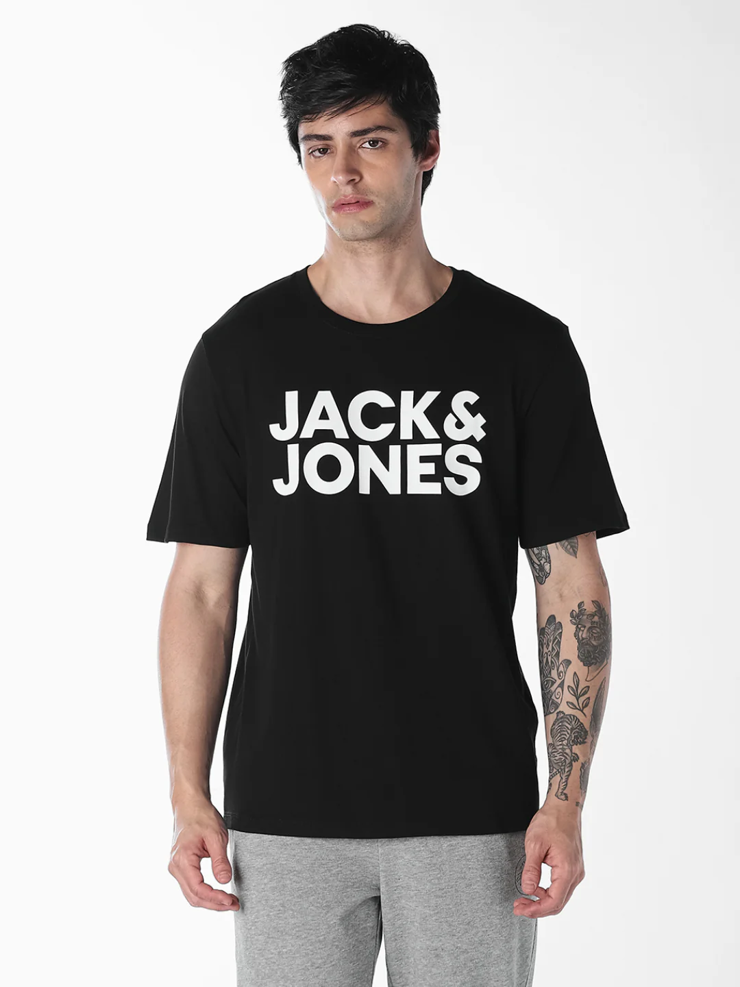 Men Organic Cotton Slim Fit Crew Neck Logo Print T-Shirt - Black - Image 2