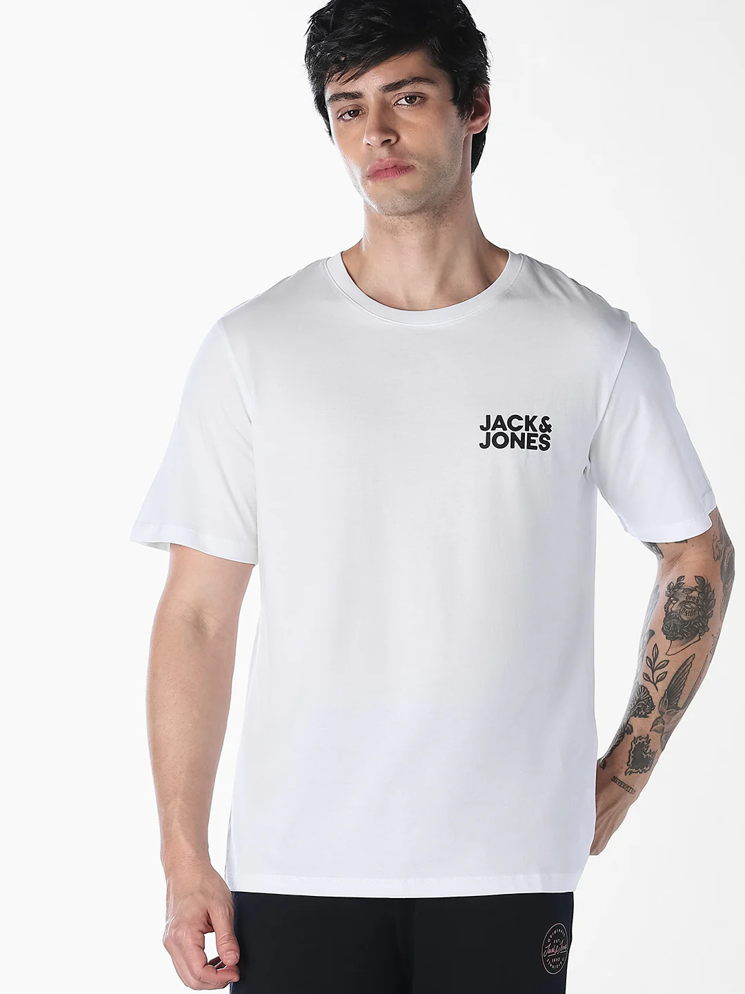 Men Organic Cotton Slim Fit White Crew Neck Logo Print T-Shirt