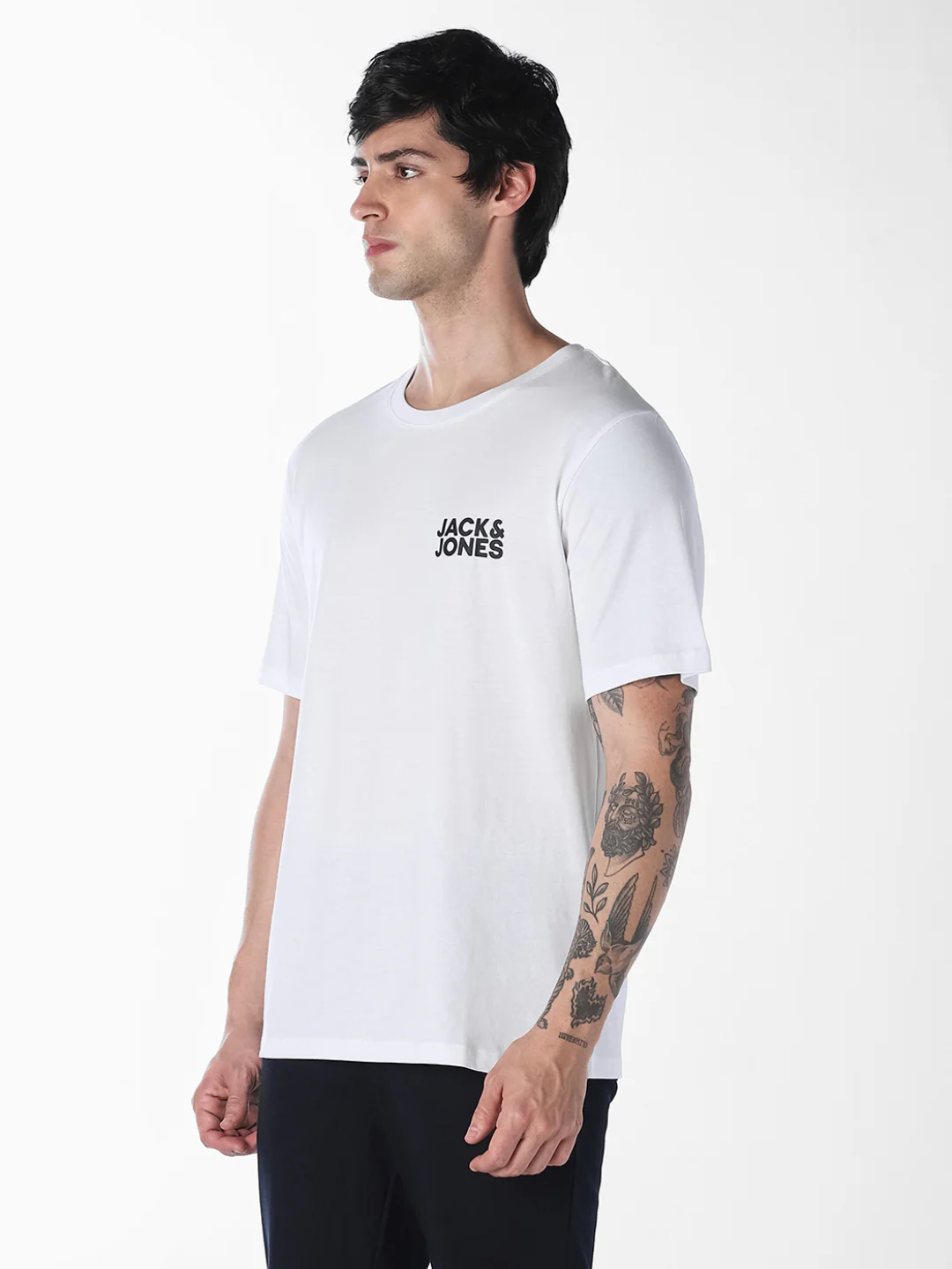 Men Organic Cotton Slim Fit White Crew Neck Logo Print T-Shirt - Image 3