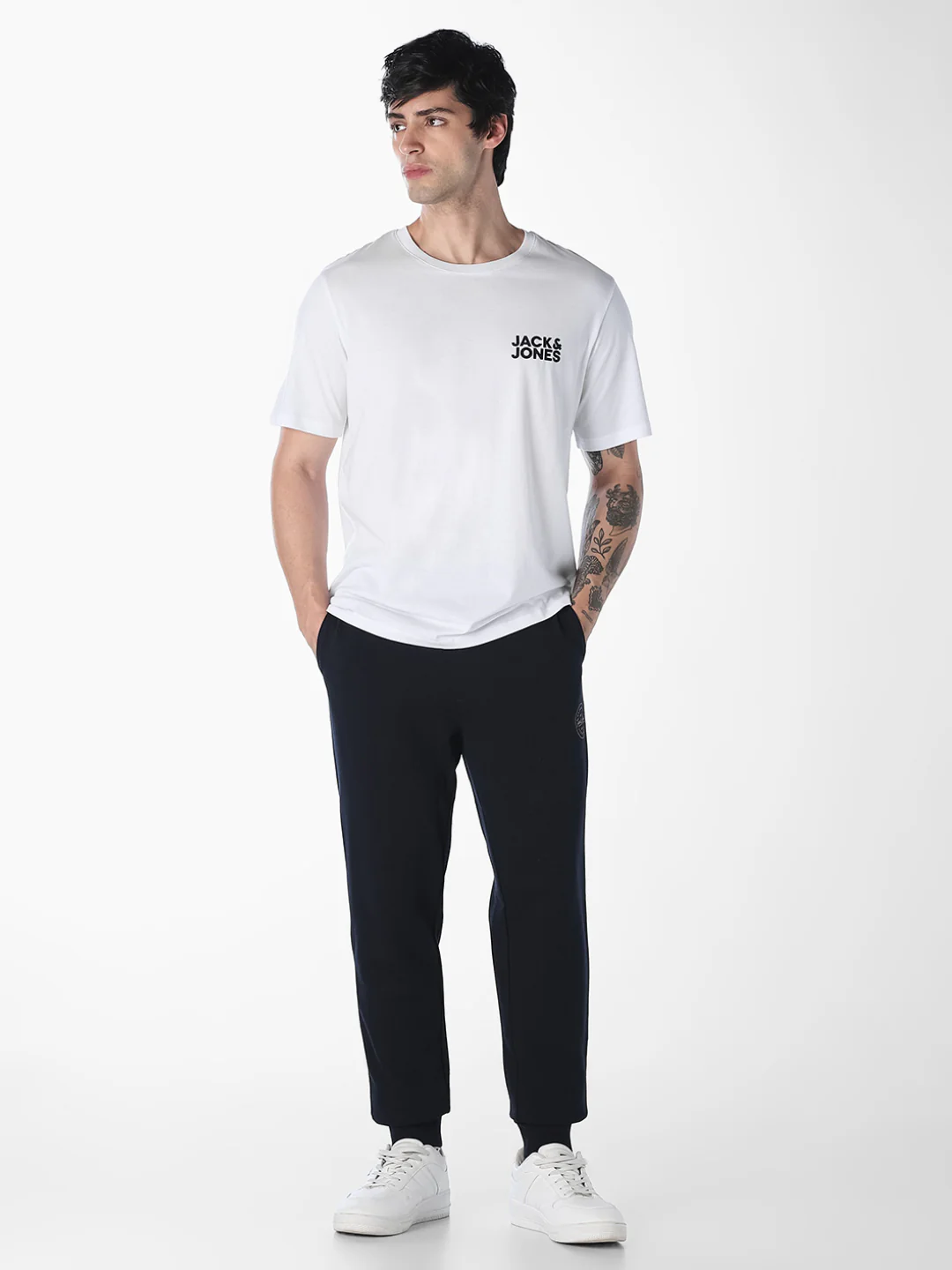 Men Organic Cotton Slim Fit White Crew Neck Logo Print T-Shirt - Image 6