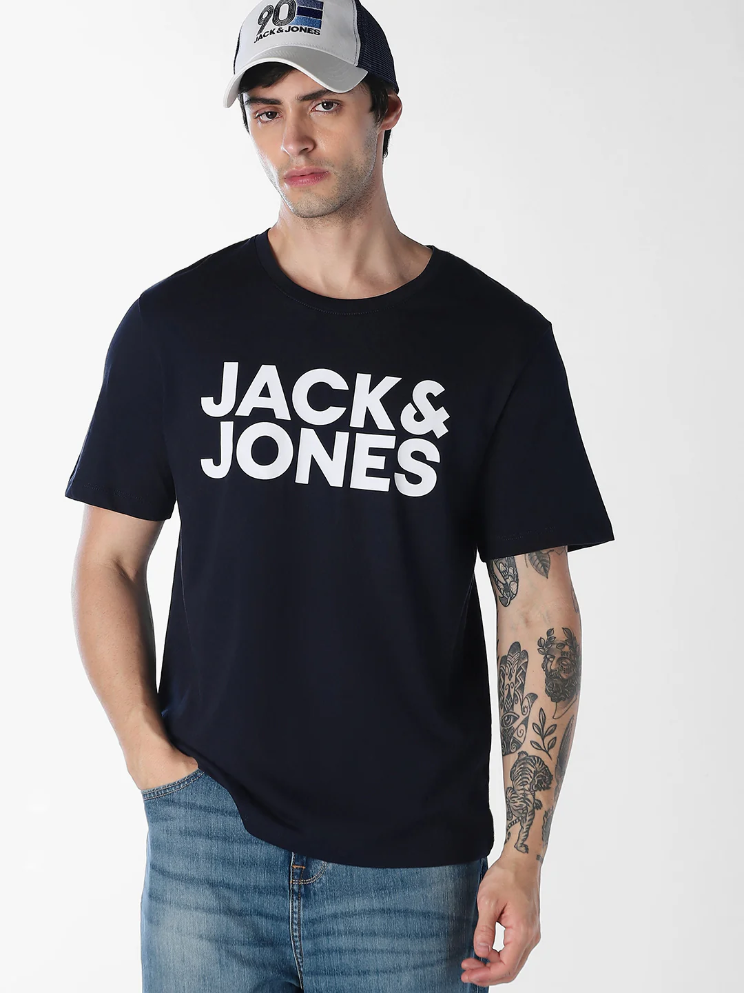 Men's Navy Blue Organic Cotton Slim Fit Logo Print Crew Neck T-Shirt