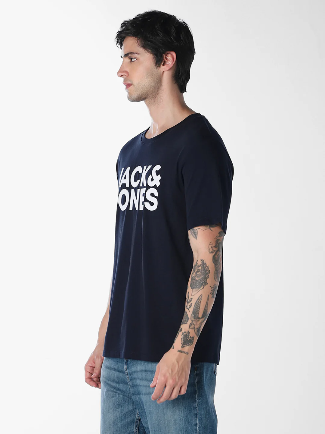 Men's Navy Blue Organic Cotton Slim Fit Logo Print Crew Neck T-Shirt - Image 3