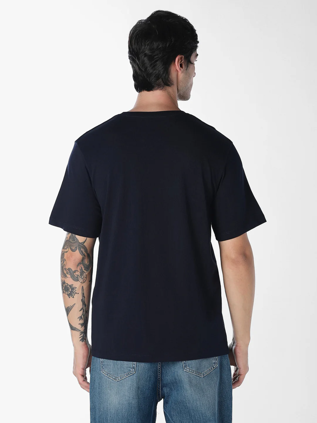 Men's Navy Blue Organic Cotton Slim Fit Logo Print Crew Neck T-Shirt - Image 4